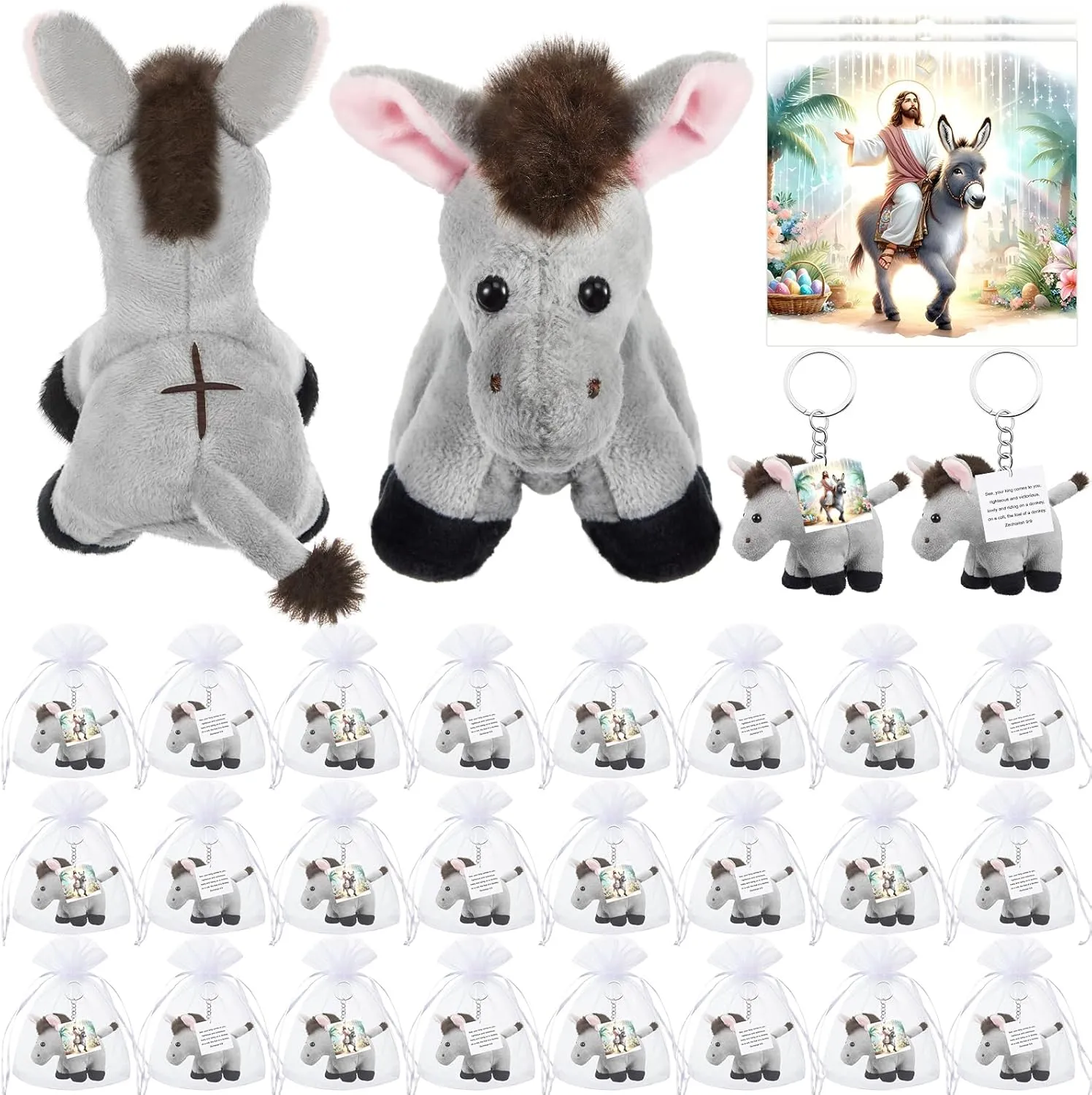 Shappy 12 Pack Easter Donkey Plush Animal 5 Inch Nativity Donkey Stuffed Toy Keychain Religious Jesus Stuffed Animal Decorations Christian Gifts for First Communion Christening Christmas