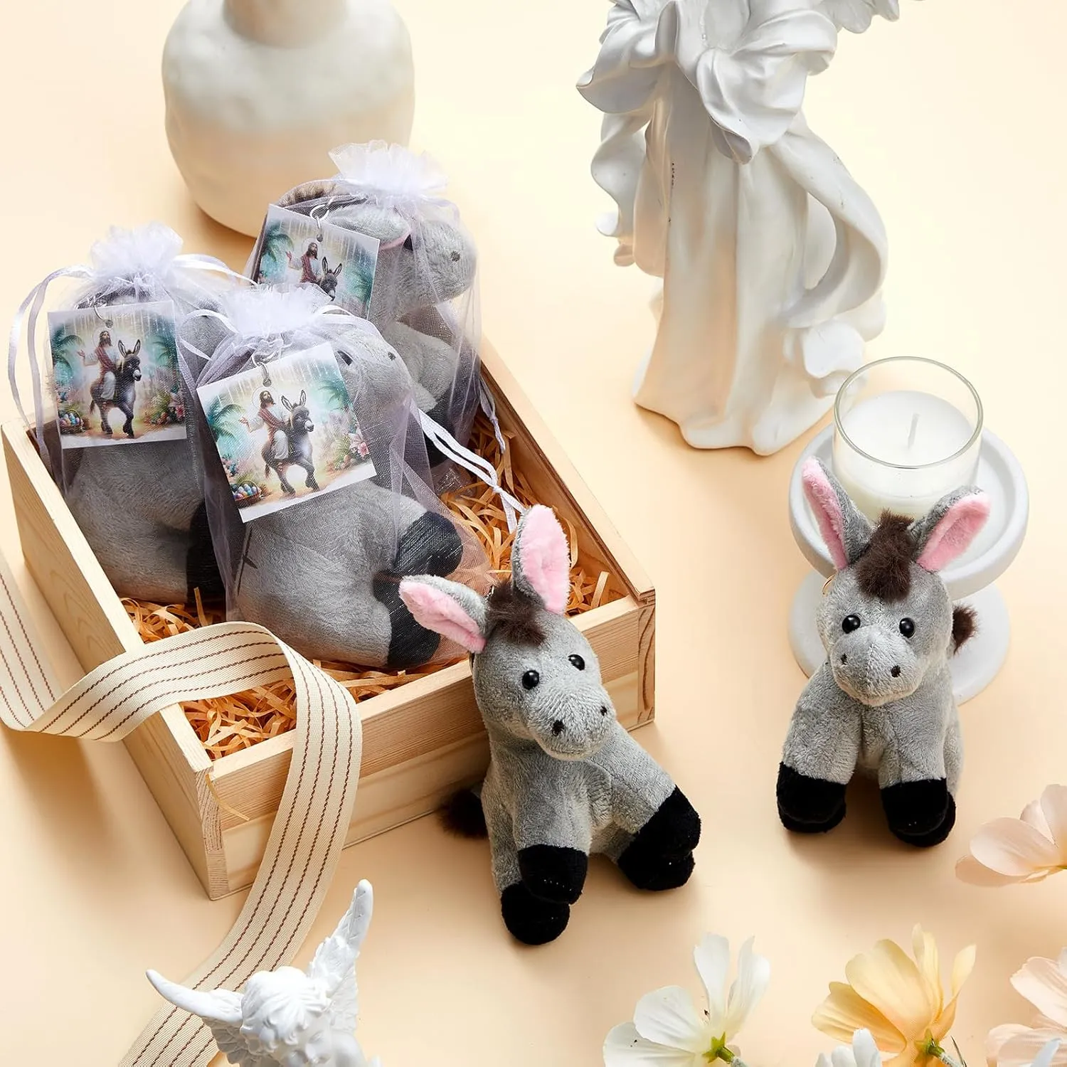 Shappy 12 Pack Easter Donkey Plush Animal 5 Inch Nativity Donkey Stuffed Toy Keychain Religious Jesus Stuffed Animal Decorations Christian Gifts for First Communion Christening Christmas
