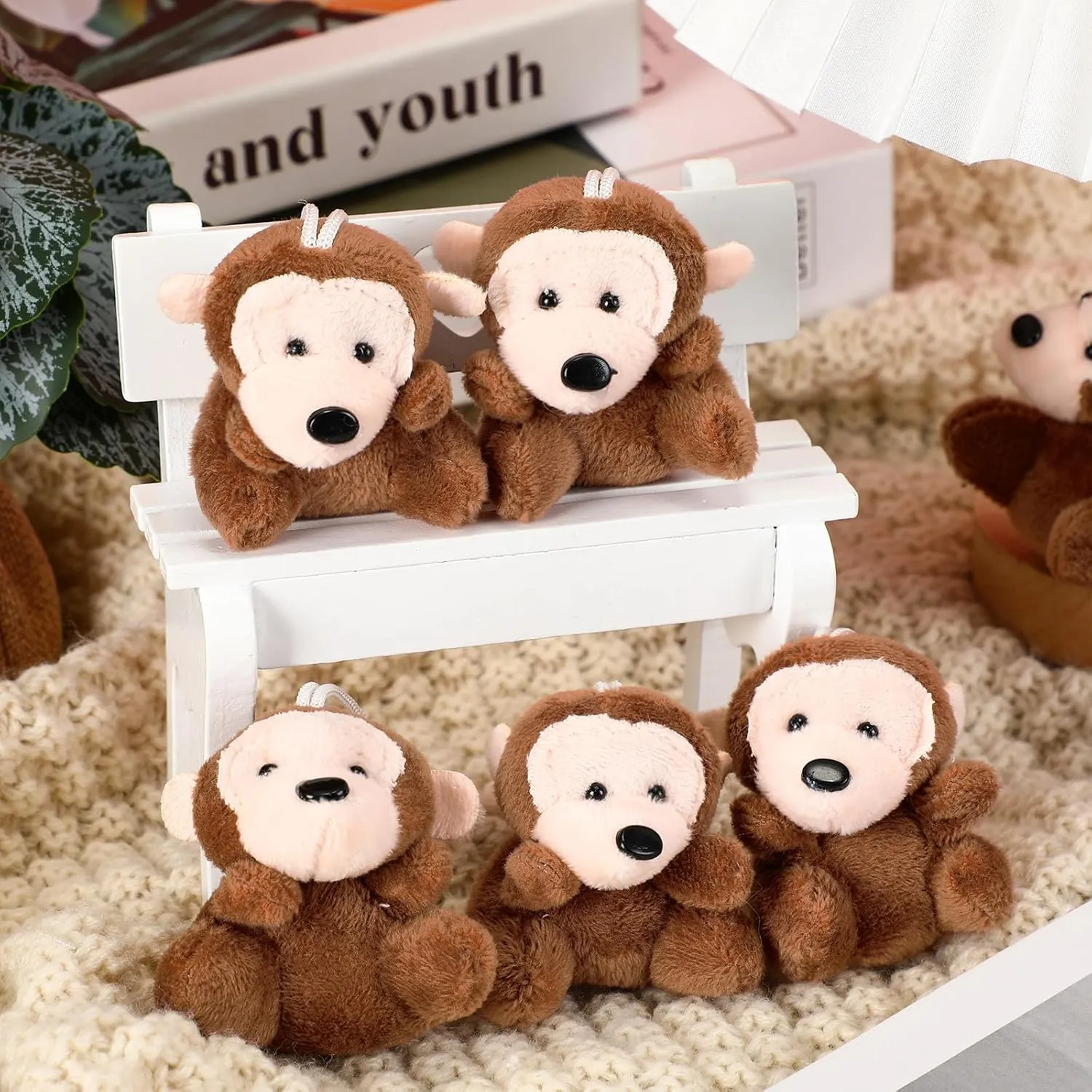 Shappy 50 Pcs Mini Animal Plush Toys Small Stuffed Animals Bulk Cute Tiny Plushies Keychains for Gift Party Carnival Prize(Monkey)