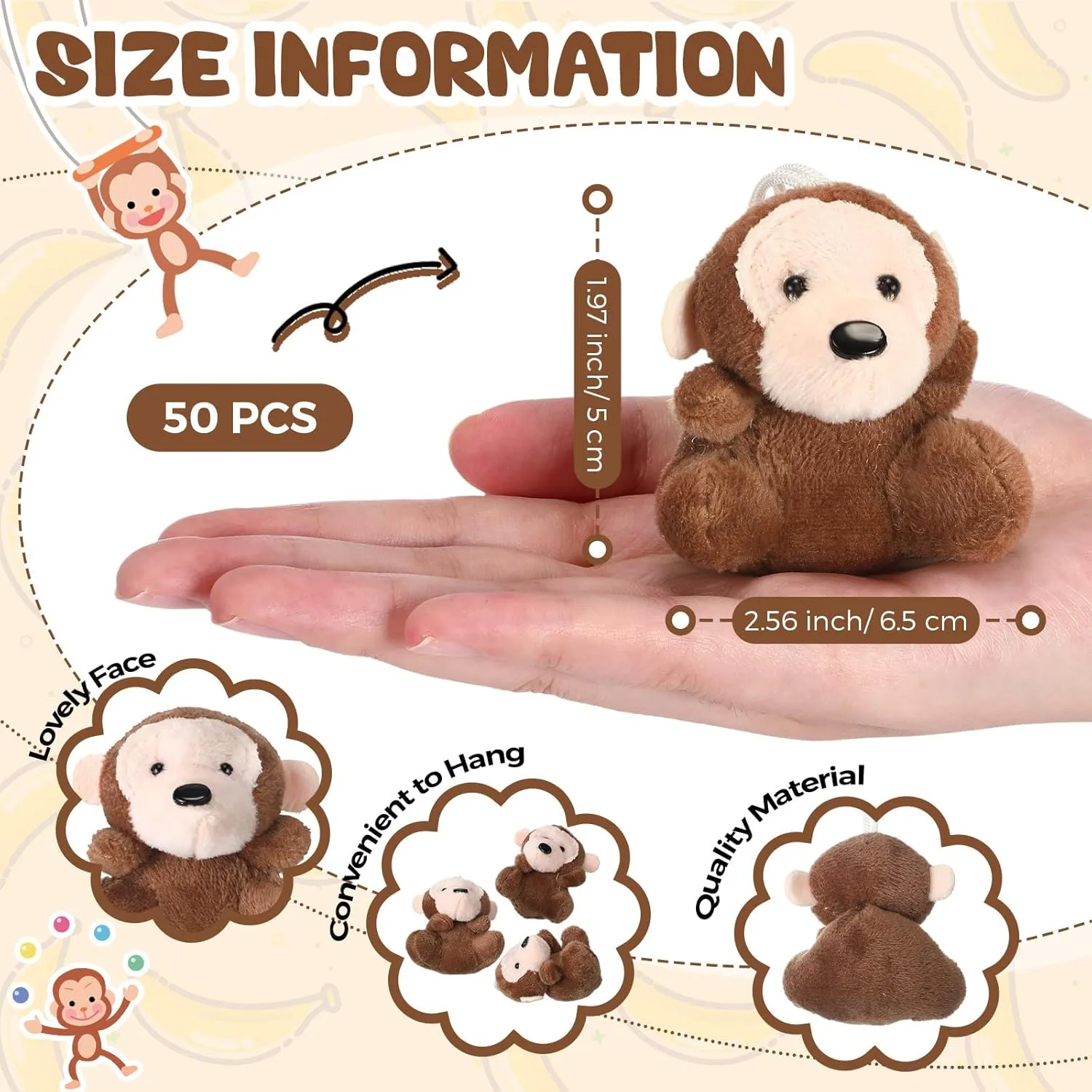 Shappy 50 Pcs Mini Animal Plush Toys Small Stuffed Animals Bulk Cute Tiny Plushies Keychains for Gift Party Carnival Prize(Monkey)