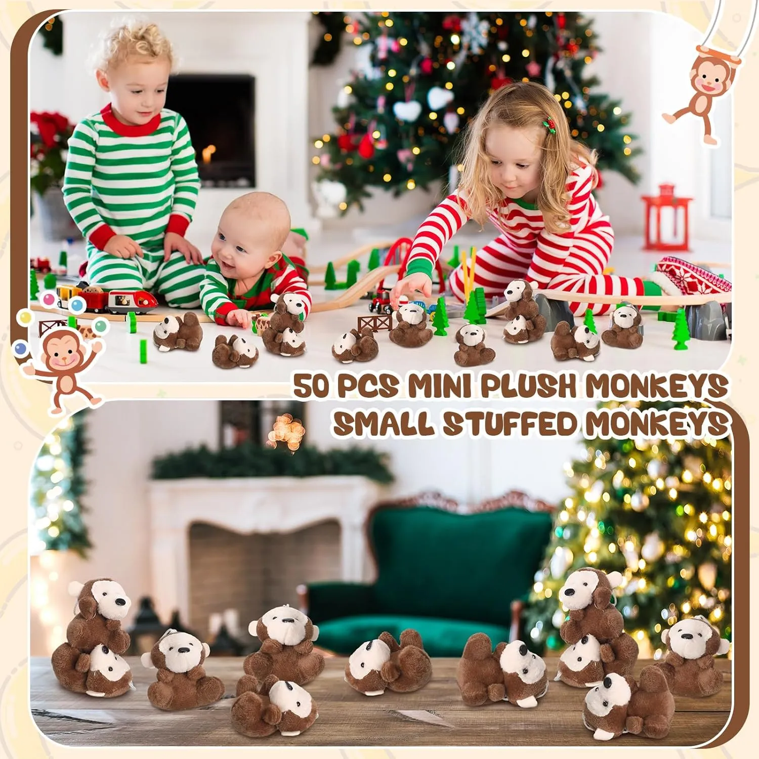 Shappy 50 Pcs Mini Animal Plush Toys Small Stuffed Animals Bulk Cute Tiny Plushies Keychains for Gift Party Carnival Prize(Monkey)