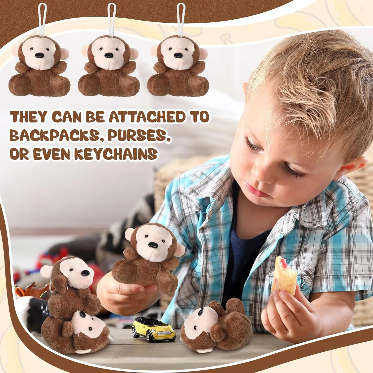 Shappy 50 Pcs Mini Animal Plush Toys Small Stuffed Animals Bulk Cute Tiny Plushies Keychains for Gift Party Carnival Prize(Monkey)