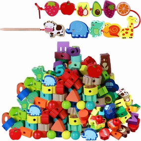Shappy 139 Pcs Wooden Lacing Beads Toys Include Beads and String for Toddlers Educational Fine Motor Skills Animals Threading Toys for Kids 1-6 Year Old Boys Girls