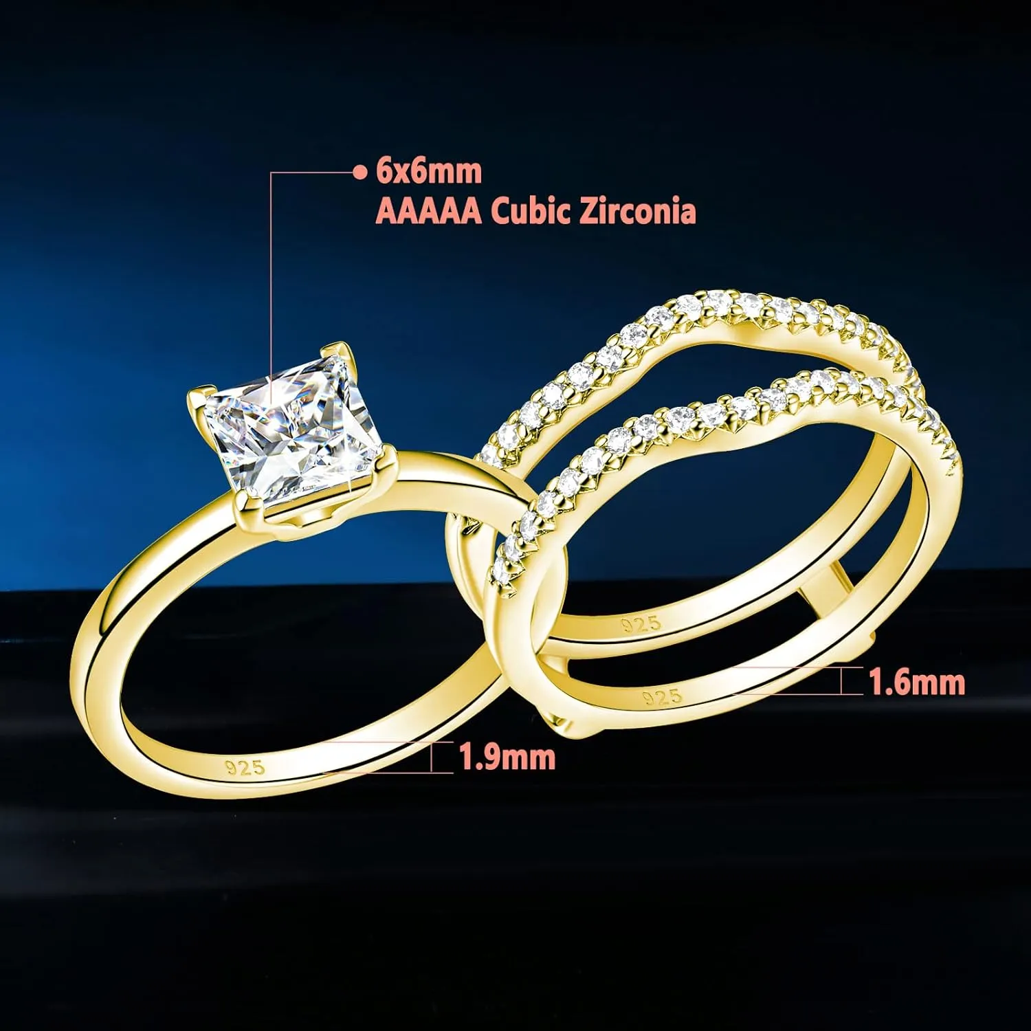 SHELOVES Solitaire Princess CZ Engagement Rings Set Wedding Band Guard Ring Enhancers Sterling Silver 5-12