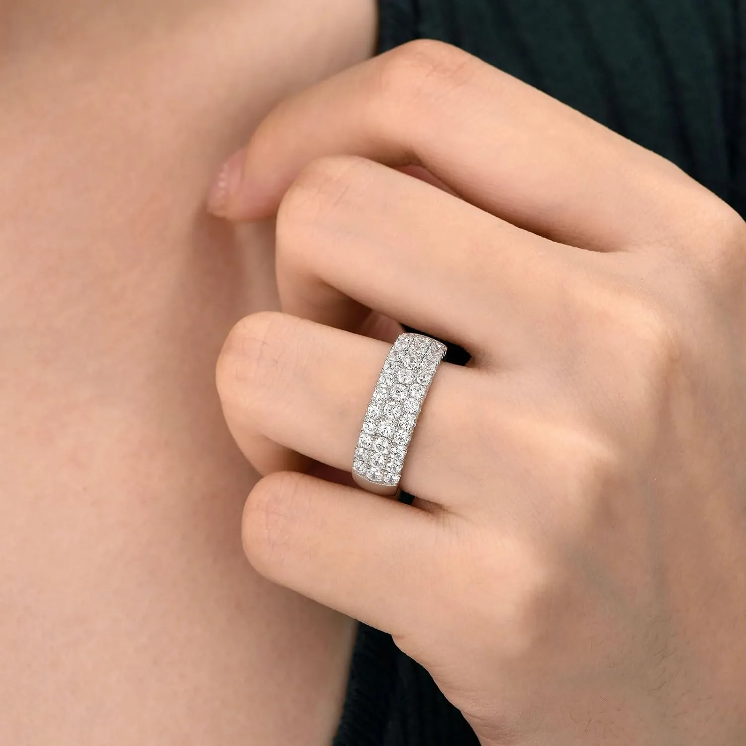 SHELOVES Three Row Eternity Ring for Women Round Cut CZ Sterling Silver Wedding Bands Rings for Her Size 5-12