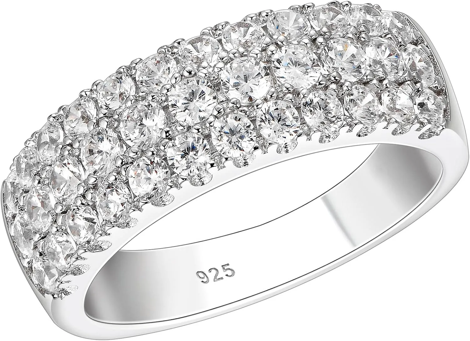 SHELOVES Three Row Eternity Ring for Women Round Cut CZ Sterling Silver Wedding Bands Rings for Her Size 5-12