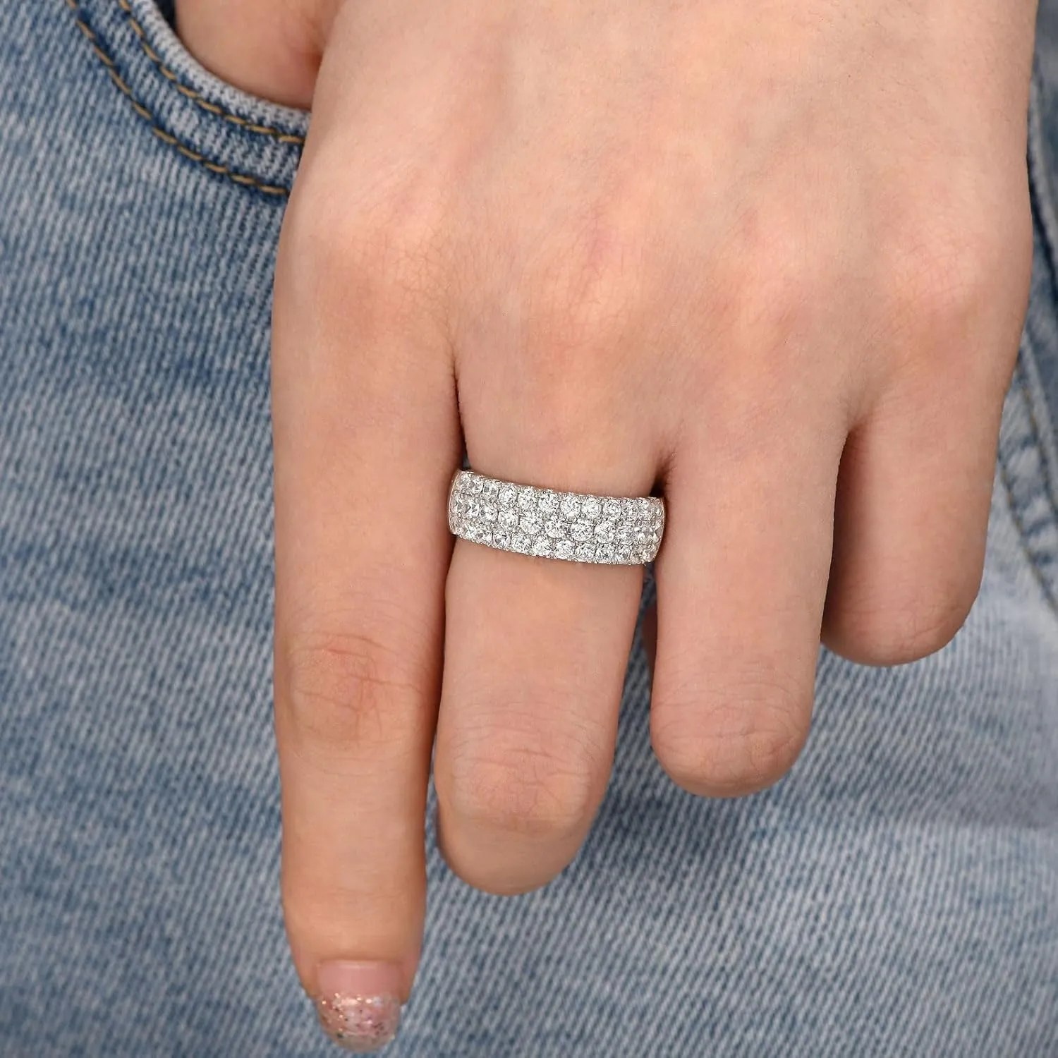 SHELOVES Three Row Eternity Ring for Women Round Cut CZ Sterling Silver Wedding Bands Rings for Her Size 5-12