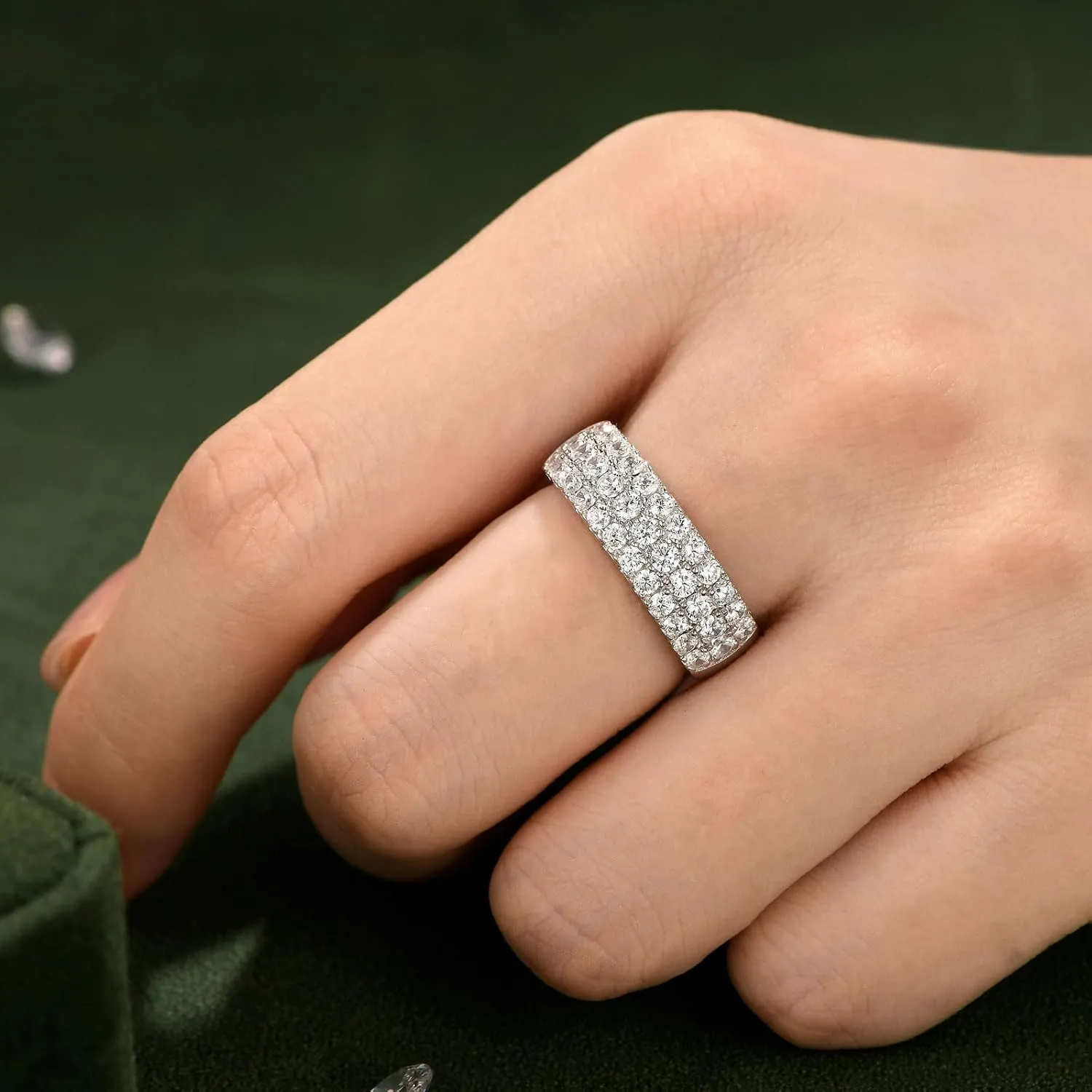 SHELOVES Three Row Eternity Ring for Women Round Cut CZ Sterling Silver Wedding Bands Rings for Her Size 5-12