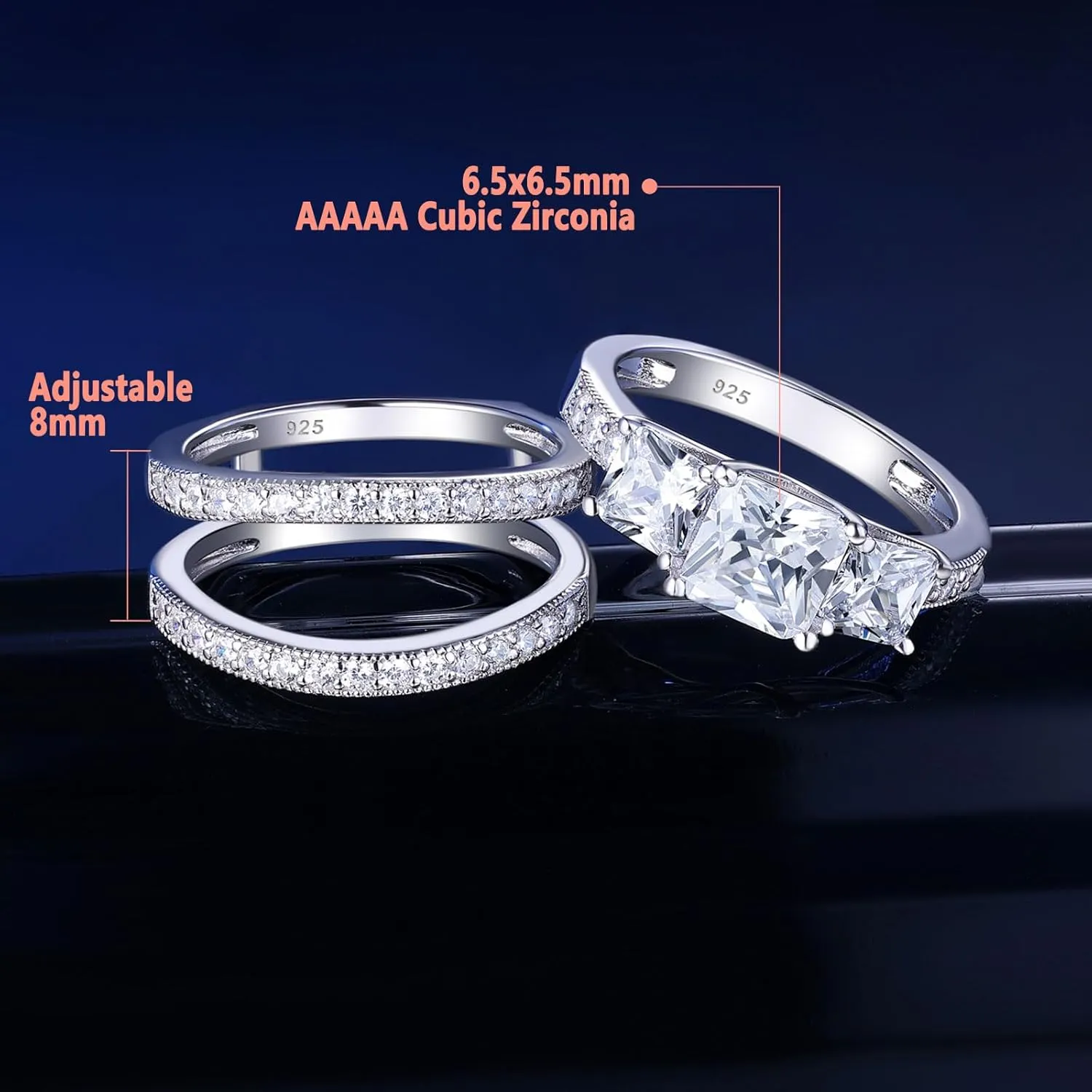 SHELOVES Three-Stone Princess Cut AAAAA Cz Wedding Rings Set Ring Enhancers 925 Sterling Silver Sz 5-10