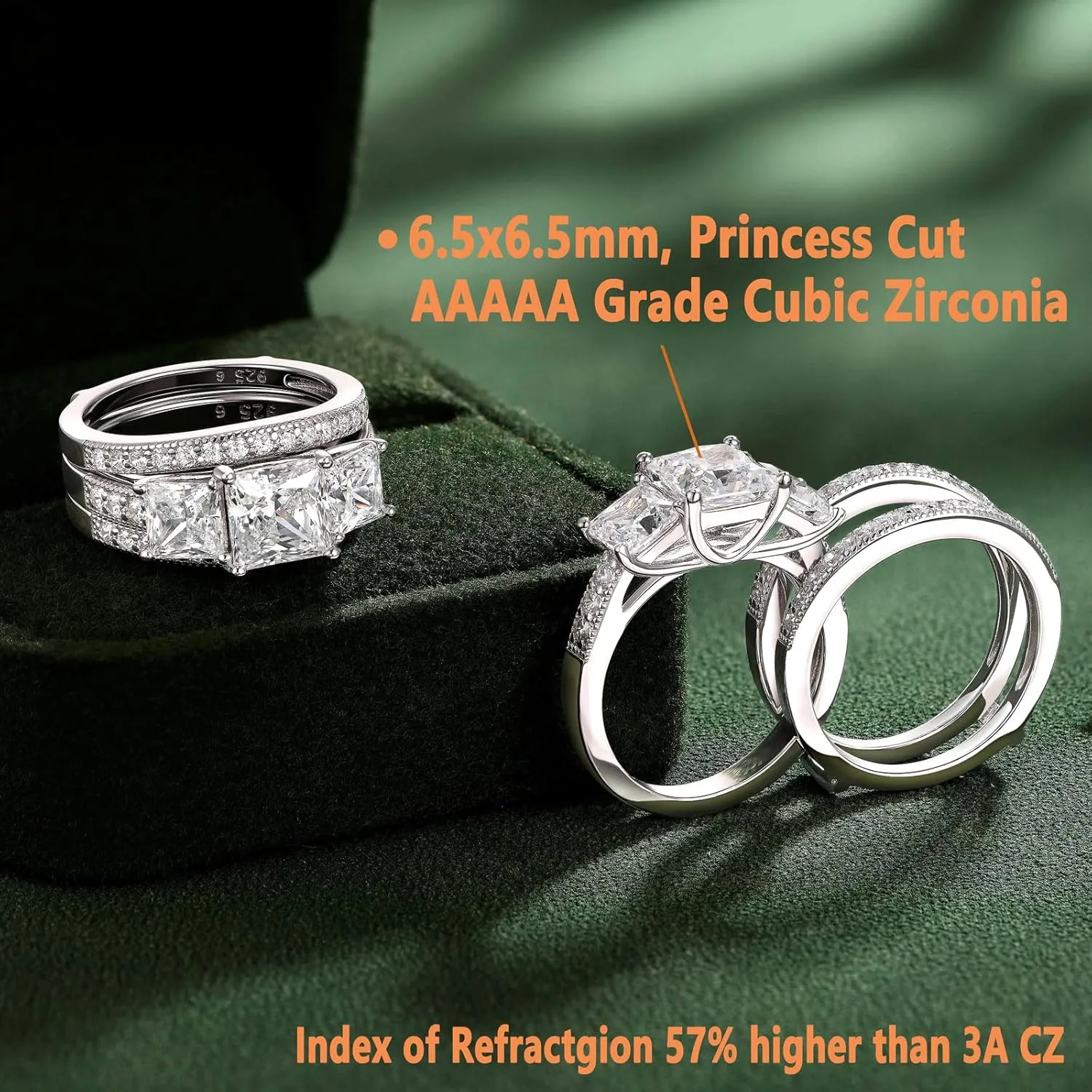 SHELOVES Three-Stone Princess Cut AAAAA Cz Wedding Rings Set Ring Enhancers 925 Sterling Silver Sz 5-10