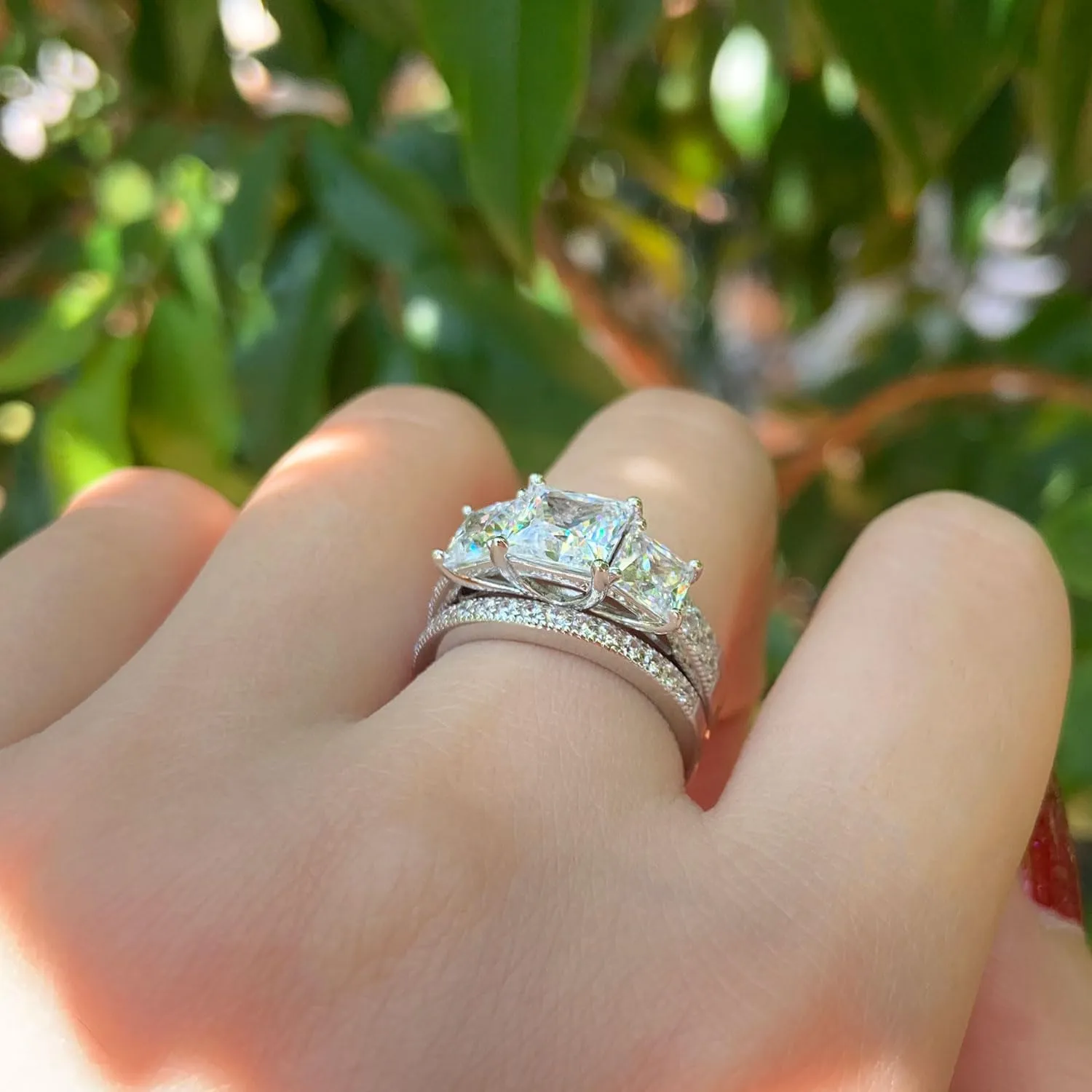 SHELOVES Three-Stone Princess Cut AAAAA Cz Wedding Rings Set Ring Enhancers 925 Sterling Silver Sz 5-10