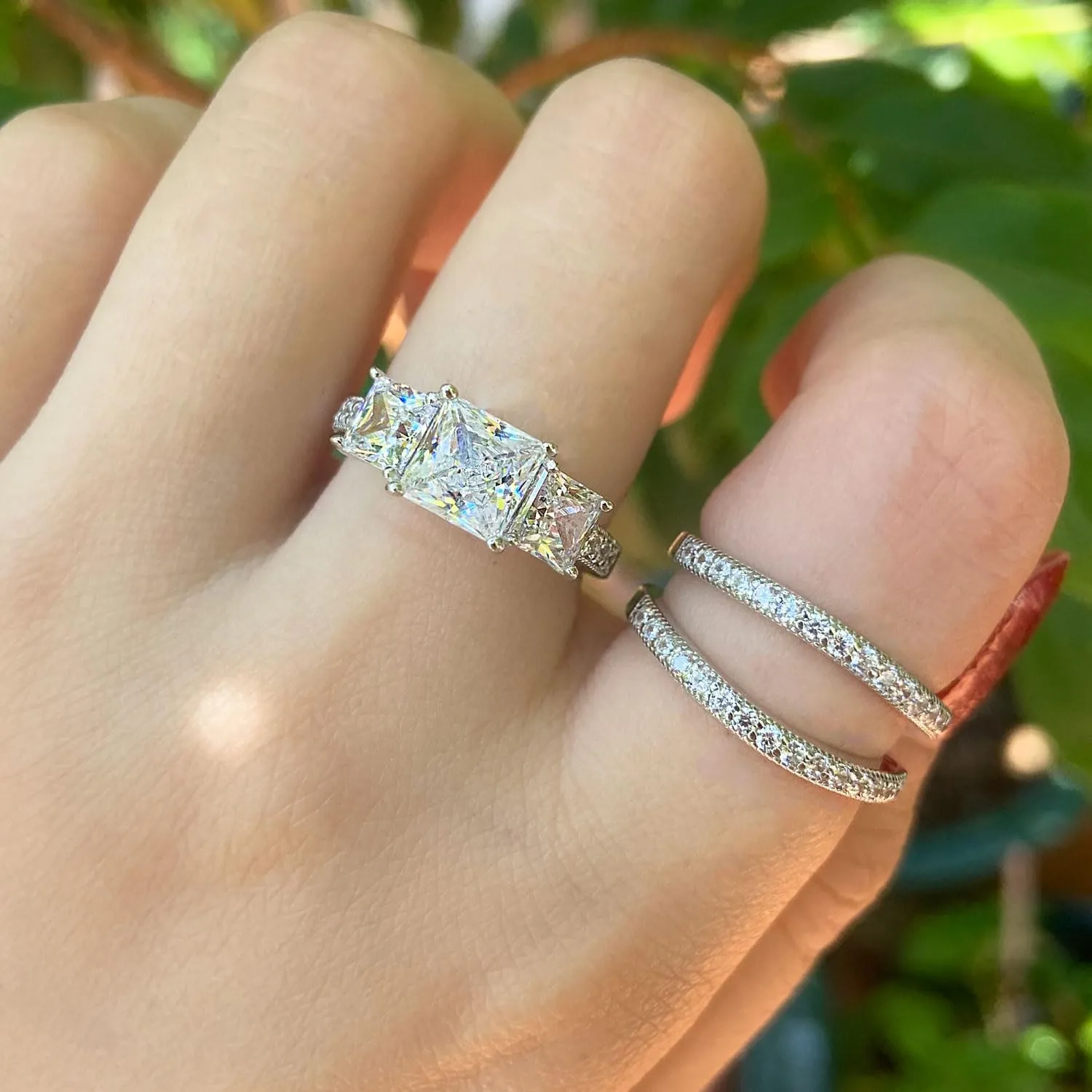 SHELOVES Three-Stone Princess Cut AAAAA Cz Wedding Rings Set Ring Enhancers 925 Sterling Silver Sz 5-10