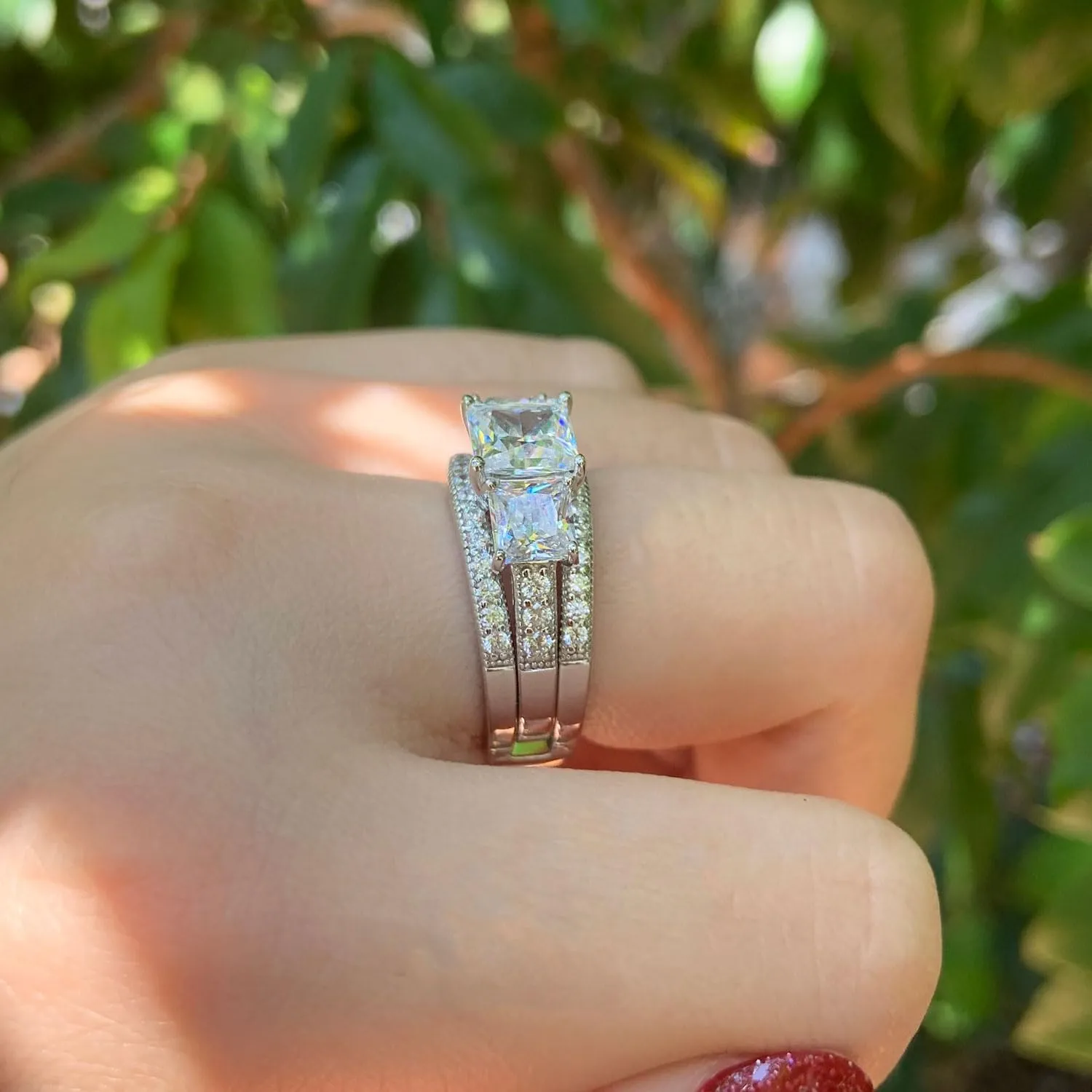 SHELOVES Three-Stone Princess Cut AAAAA Cz Wedding Rings Set Ring Enhancers 925 Sterling Silver Sz 5-10