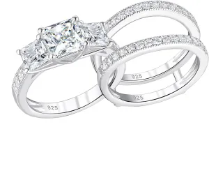SHELOVES Three-Stone Princess Cut AAAAA Cz Wedding Rings Set Ring Enhancers 925 Sterling Silver Sz 5-10