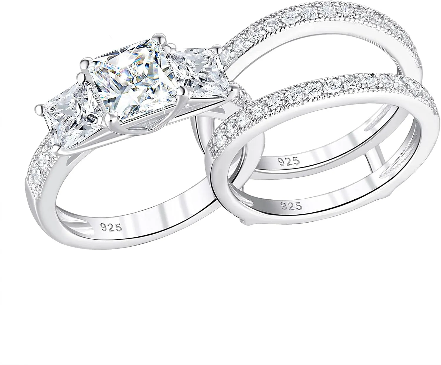 SHELOVES Three-Stone Princess Cut AAAAA Cz Wedding Rings Set Ring Enhancers 925 Sterling Silver Sz 5-10