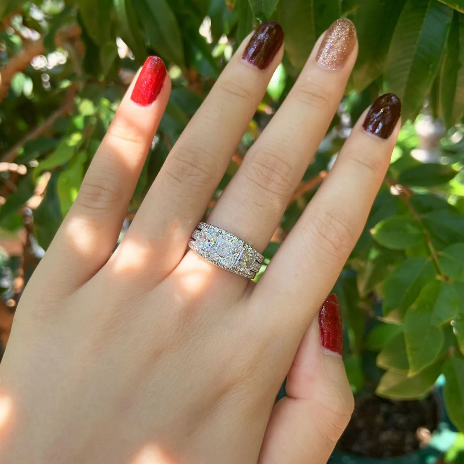 SHELOVES Three-Stone Princess Cut AAAAA Cz Wedding Rings Set Ring Enhancers 925 Sterling Silver Sz 5-10