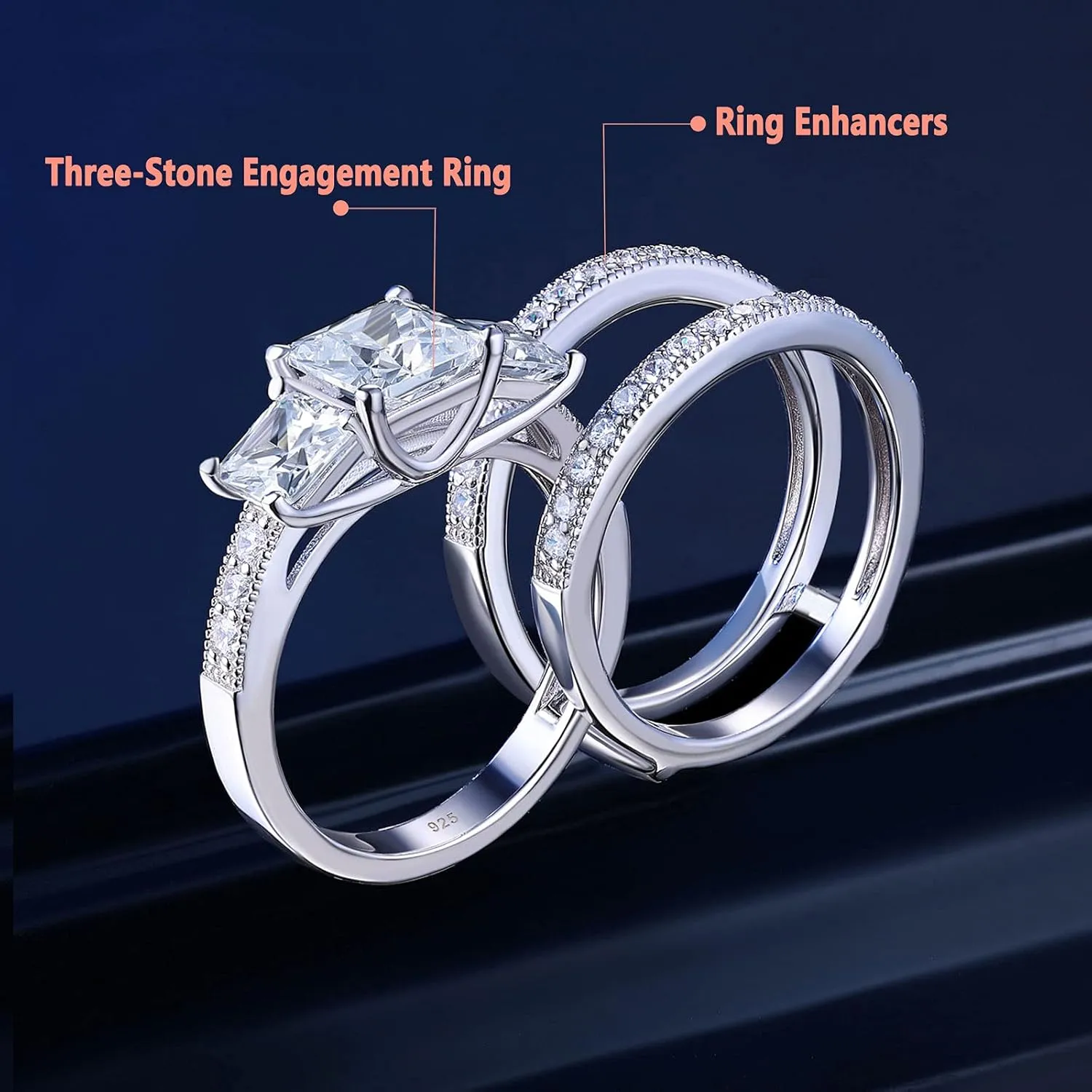 SHELOVES Three-Stone Princess Cut AAAAA Cz Wedding Rings Set Ring Enhancers 925 Sterling Silver Sz 5-10