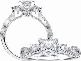 SHELOVES Vintage Three Stone Princess Cut AAAAA CZ Wedding Engagement Rings for Women 925 Sterling Silver 5-10