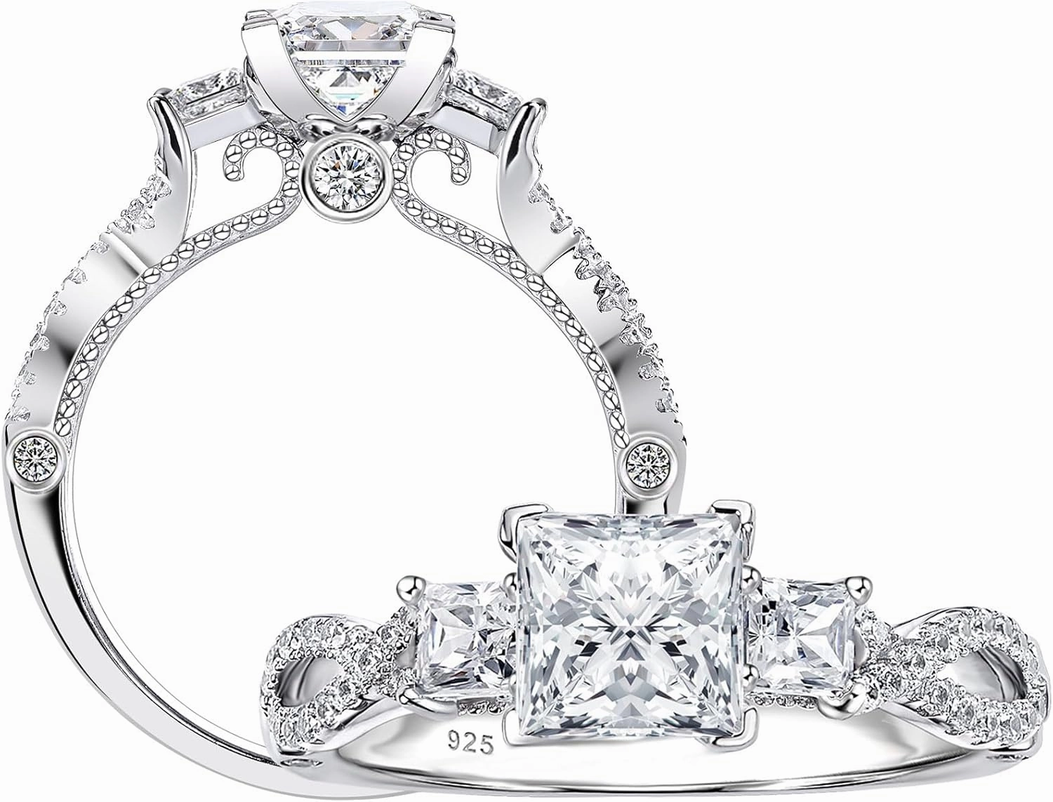 SHELOVES Vintage Three Stone Princess Cut AAAAA CZ Wedding Engagement Rings for Women 925 Sterling Silver 5-10