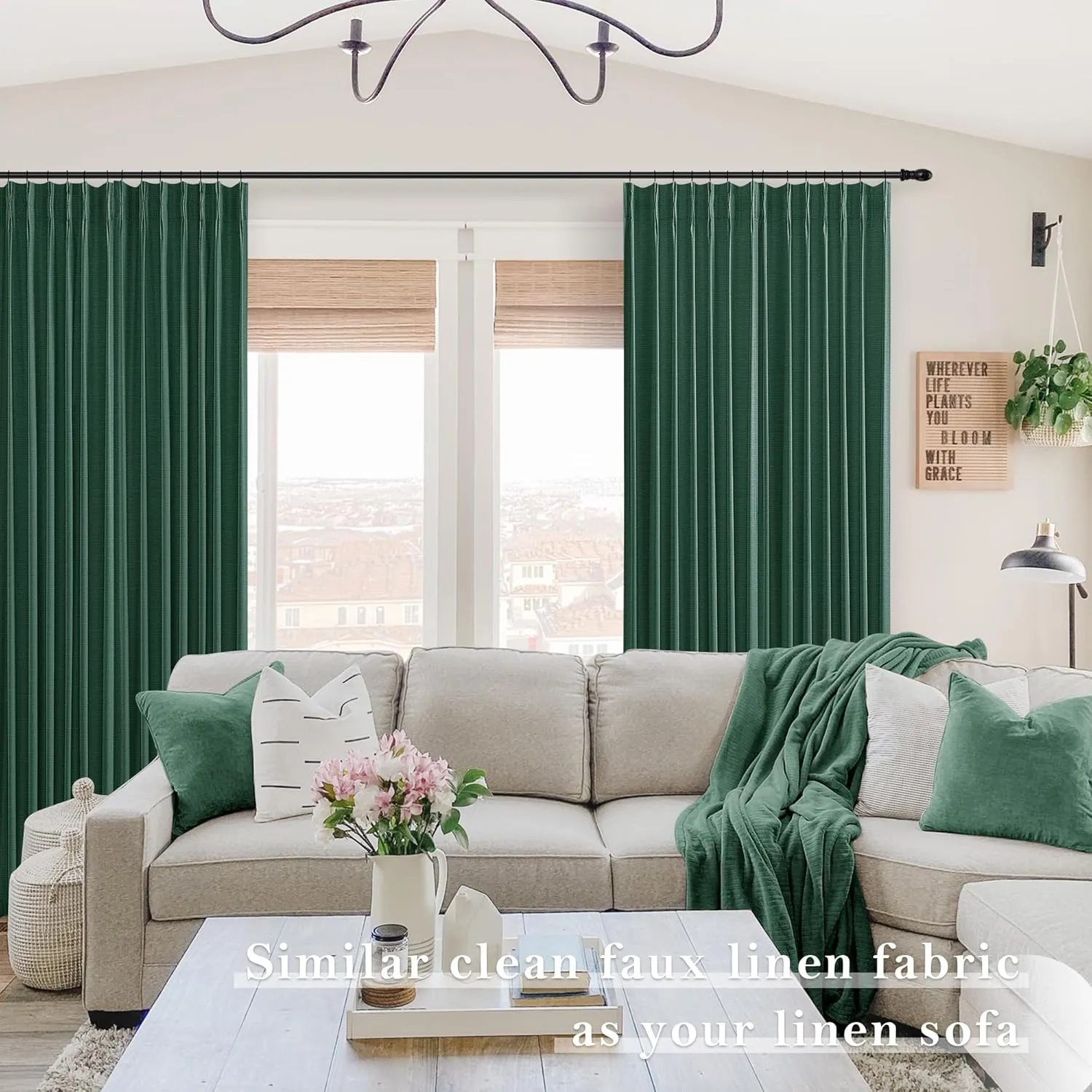 SHINELAND Forest Green Blackout Curtains 96 Inch Long,Pinch Pleated Linen Black Out 96 Inch Curtains 2 Panel Set for Living Room