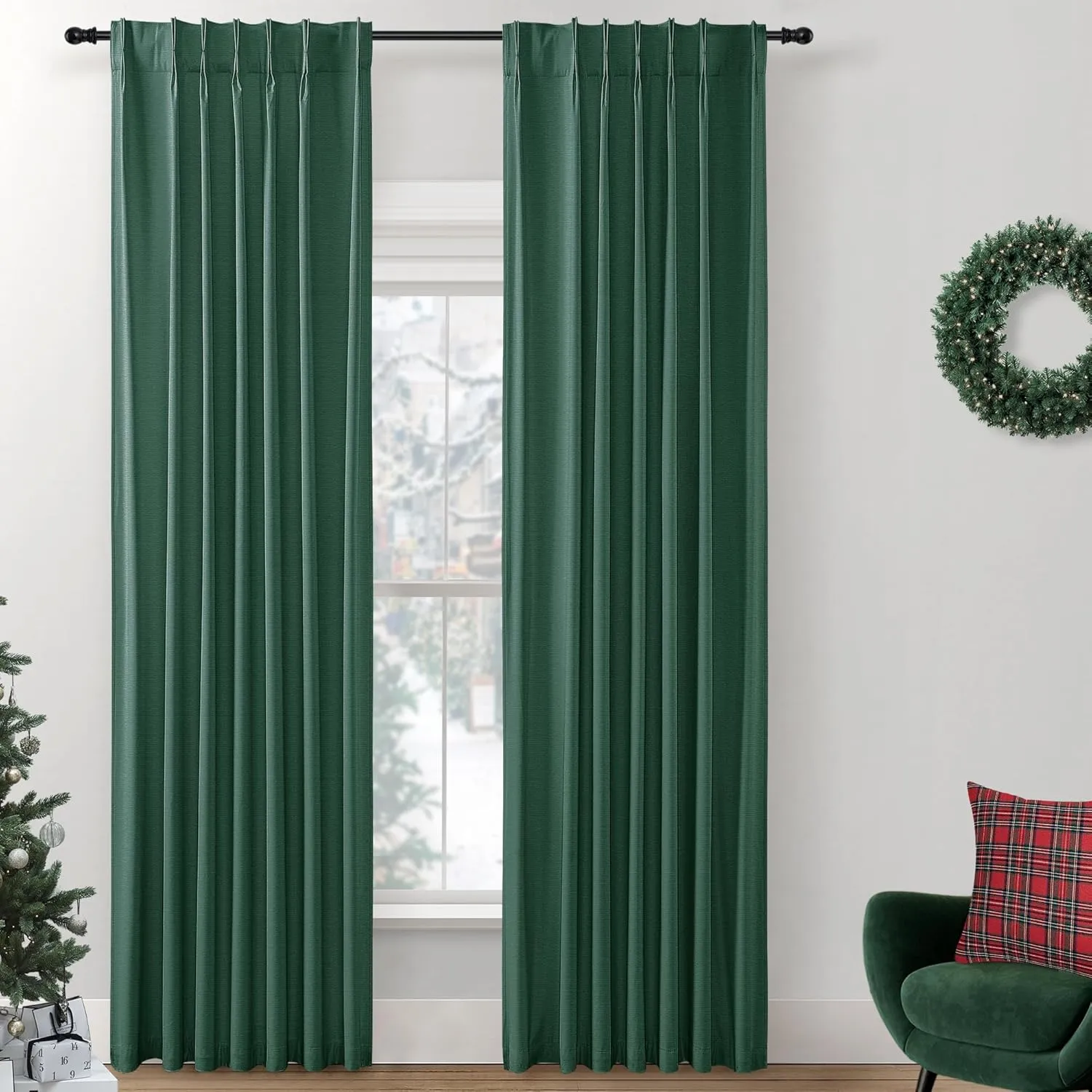 SHINELAND Forest Green Blackout Curtains 96 Inch Long,Pinch Pleated Linen Black Out 96 Inch Curtains 2 Panel Set for Living Room
