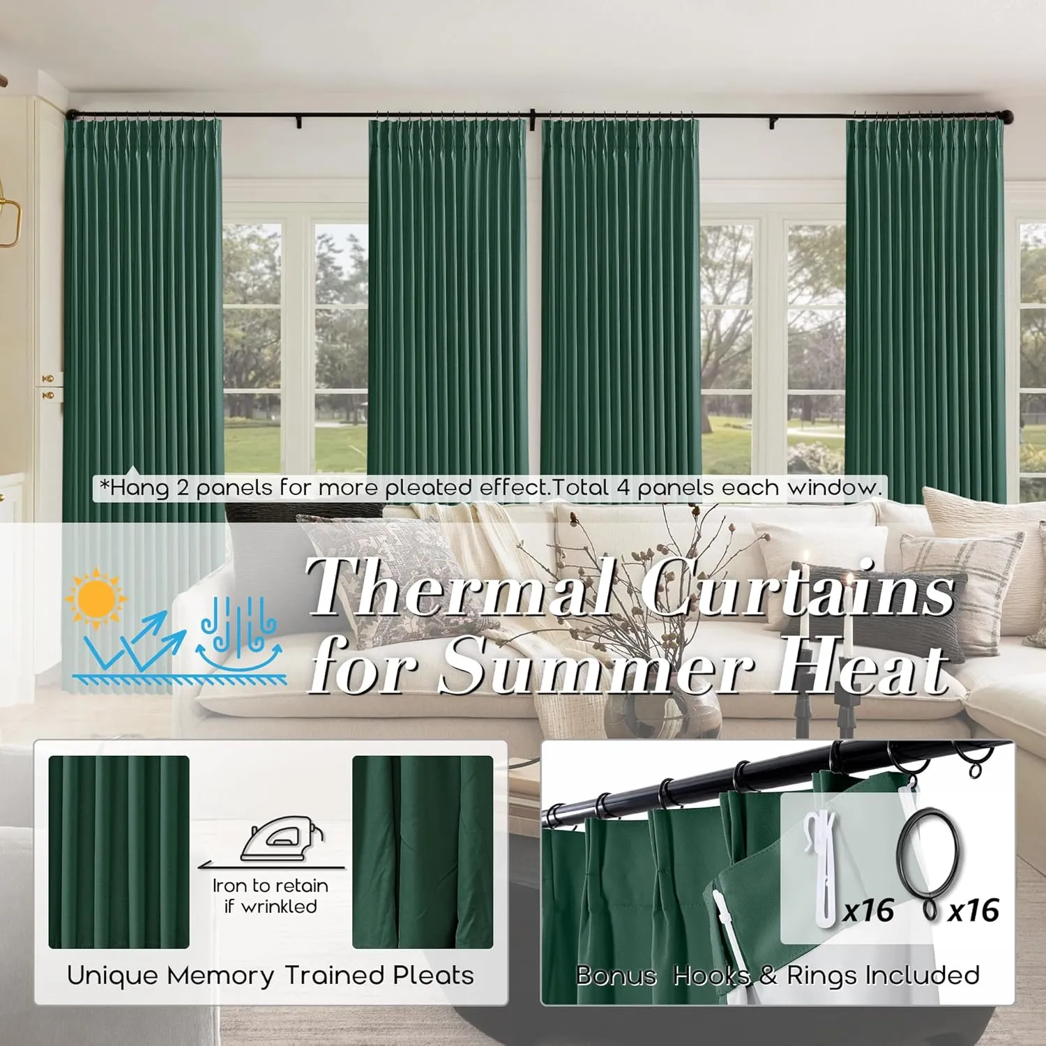 SHINELAND Forest Green Blackout Curtains 96 Inch Long,Pinch Pleated Linen Black Out 96 Inch Curtains 2 Panel Set for Living Room