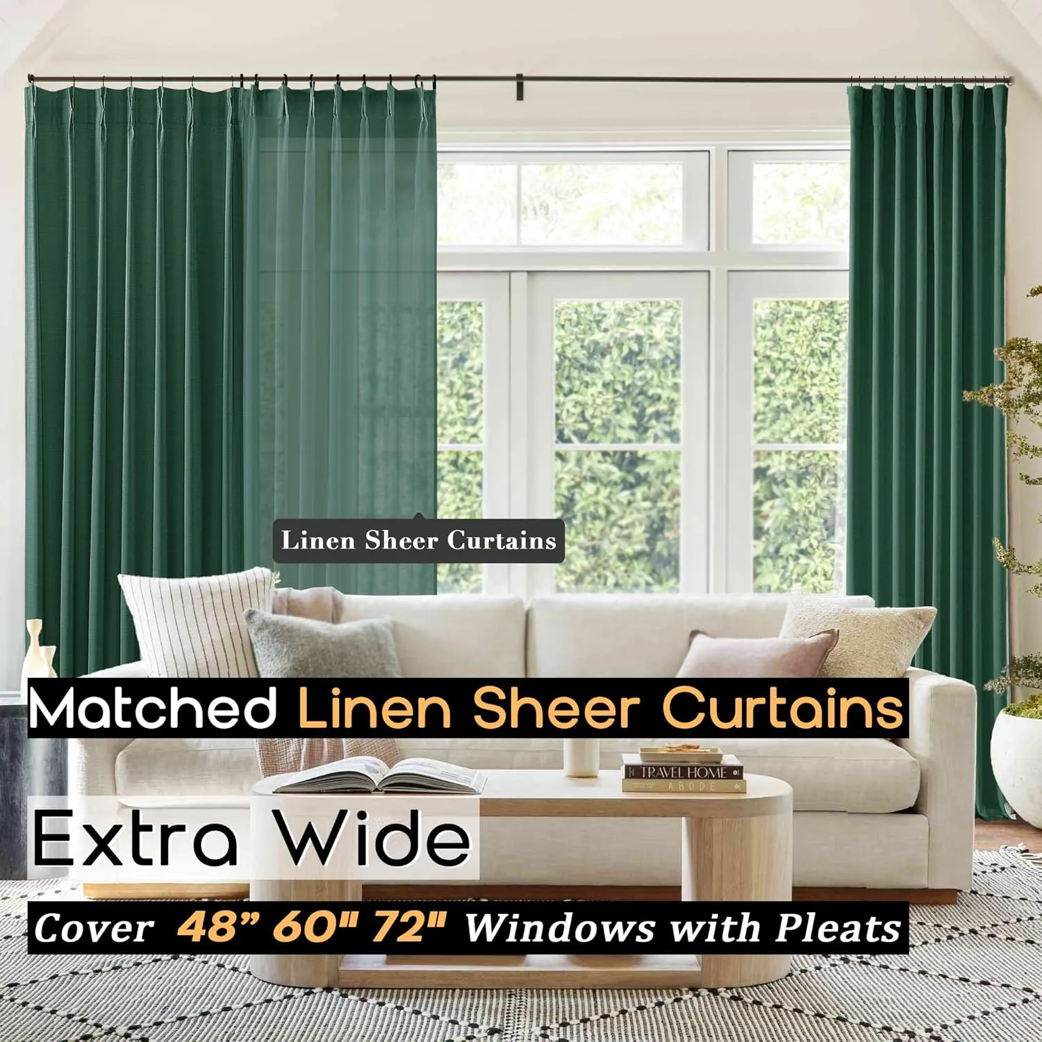 SHINELAND Forest Green Blackout Curtains 96 Inch Long,Pinch Pleated Linen Black Out 96 Inch Curtains 2 Panel Set for Living Room