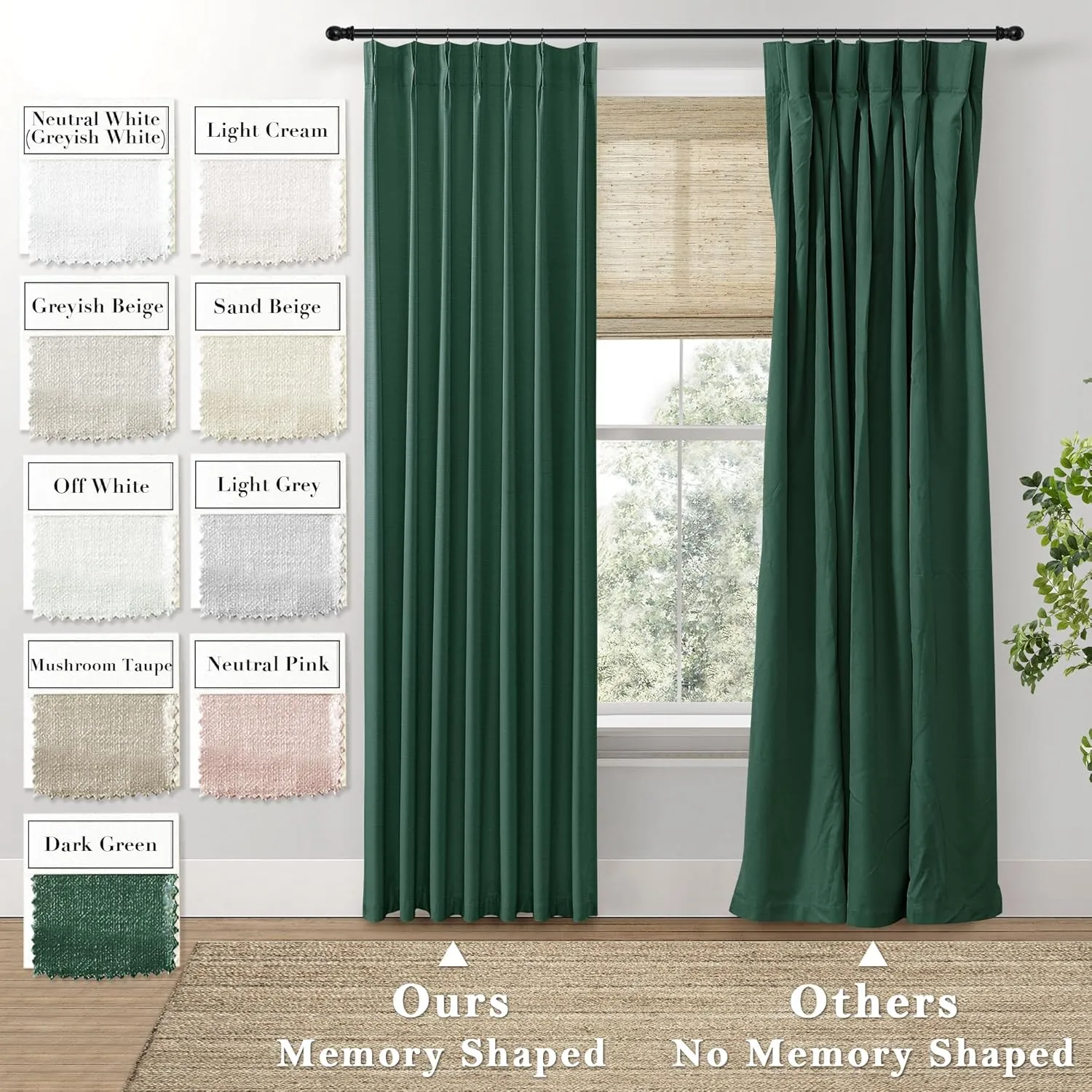 SHINELAND Forest Green Blackout Curtains 96 Inch Long,Pinch Pleated Linen Black Out 96 Inch Curtains 2 Panel Set for Living Room