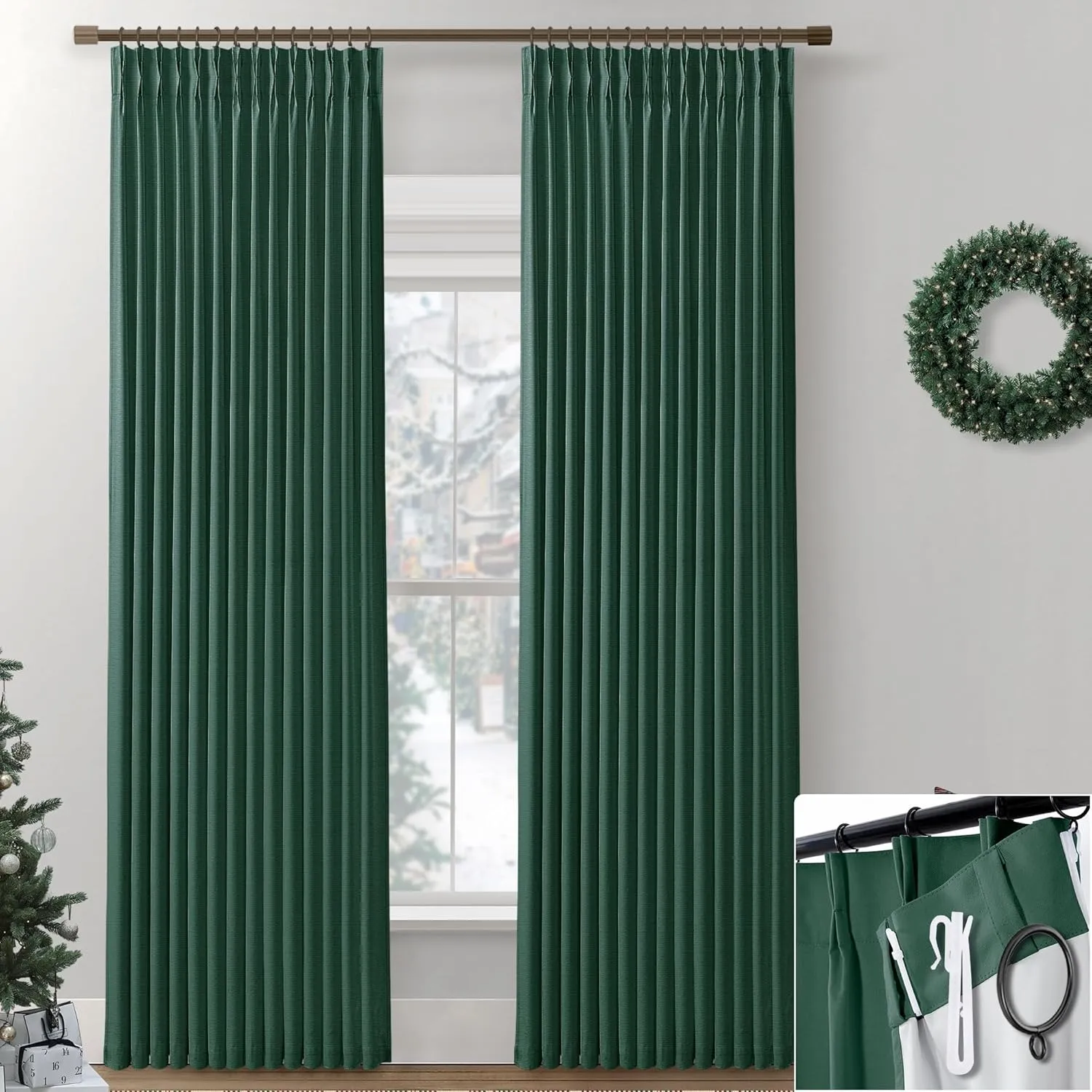 SHINELAND Forest Green Blackout Curtains 96 Inch Long,Pinch Pleated Linen Black Out 96 Inch Curtains 2 Panel Set for Living Room