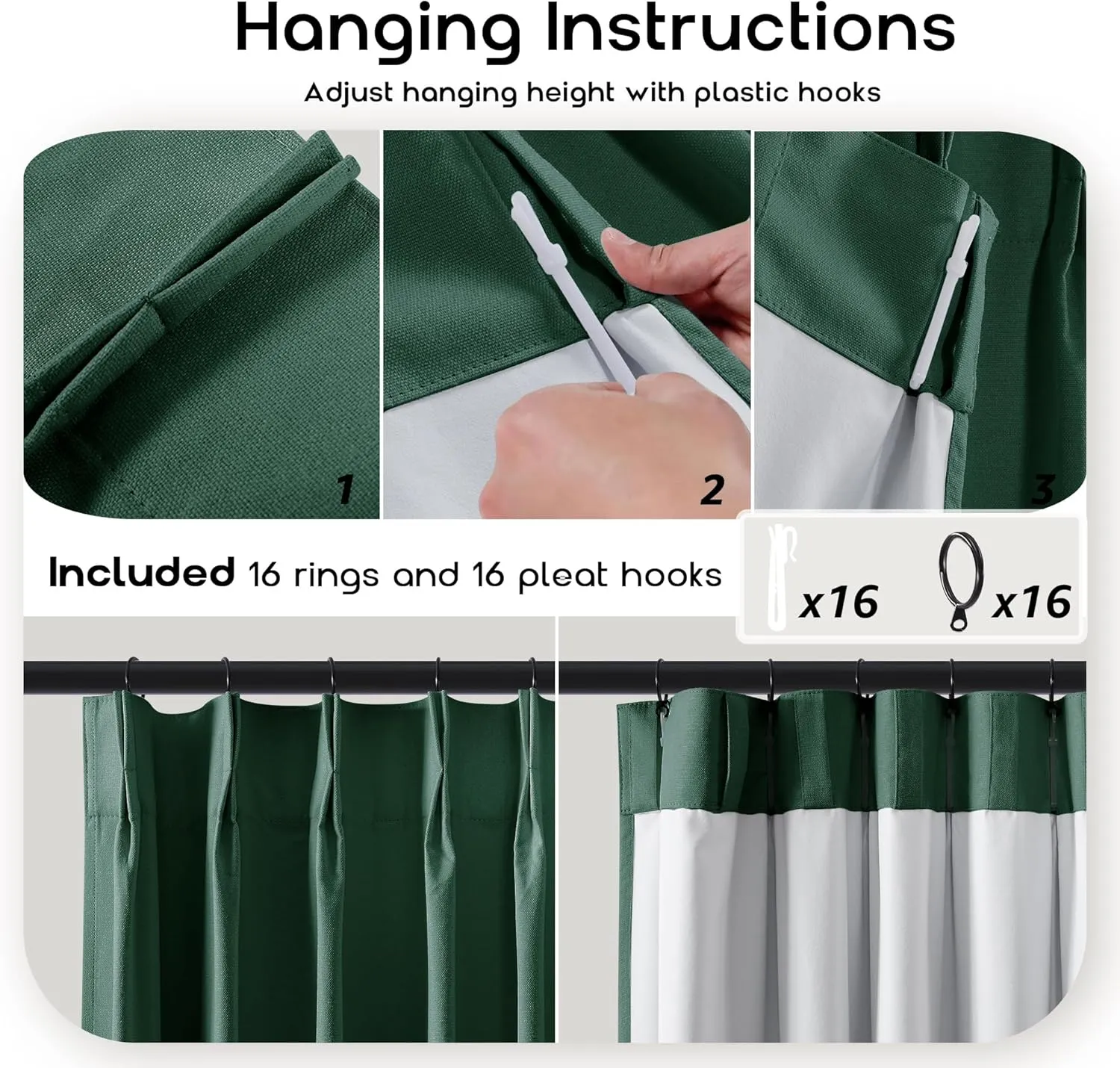 SHINELAND Forest Green Blackout Curtains 96 Inch Long,Pinch Pleated Linen Black Out 96 Inch Curtains 2 Panel Set for Living Room