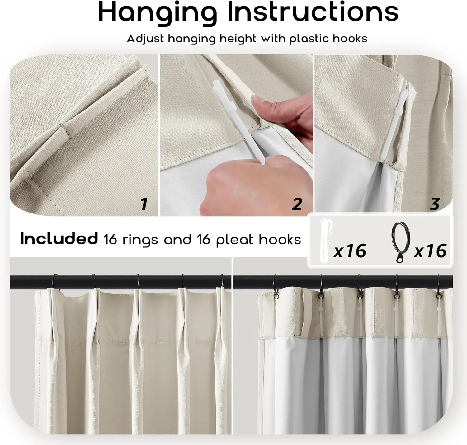SHINELAND French Country Curtains for Living Room,Beige Blackout Pinch Pleated Linen Shabby Chic Curtains for Bedroom 96 Inches Long 2 Panels Set