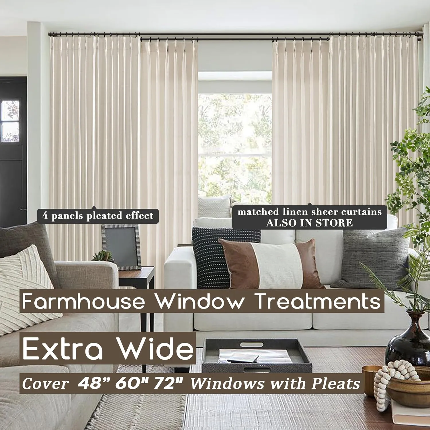 SHINELAND French Country Curtains for Living Room,Beige Blackout Pinch Pleated Linen Shabby Chic Curtains for Bedroom 96 Inches Long 2 Panels Set