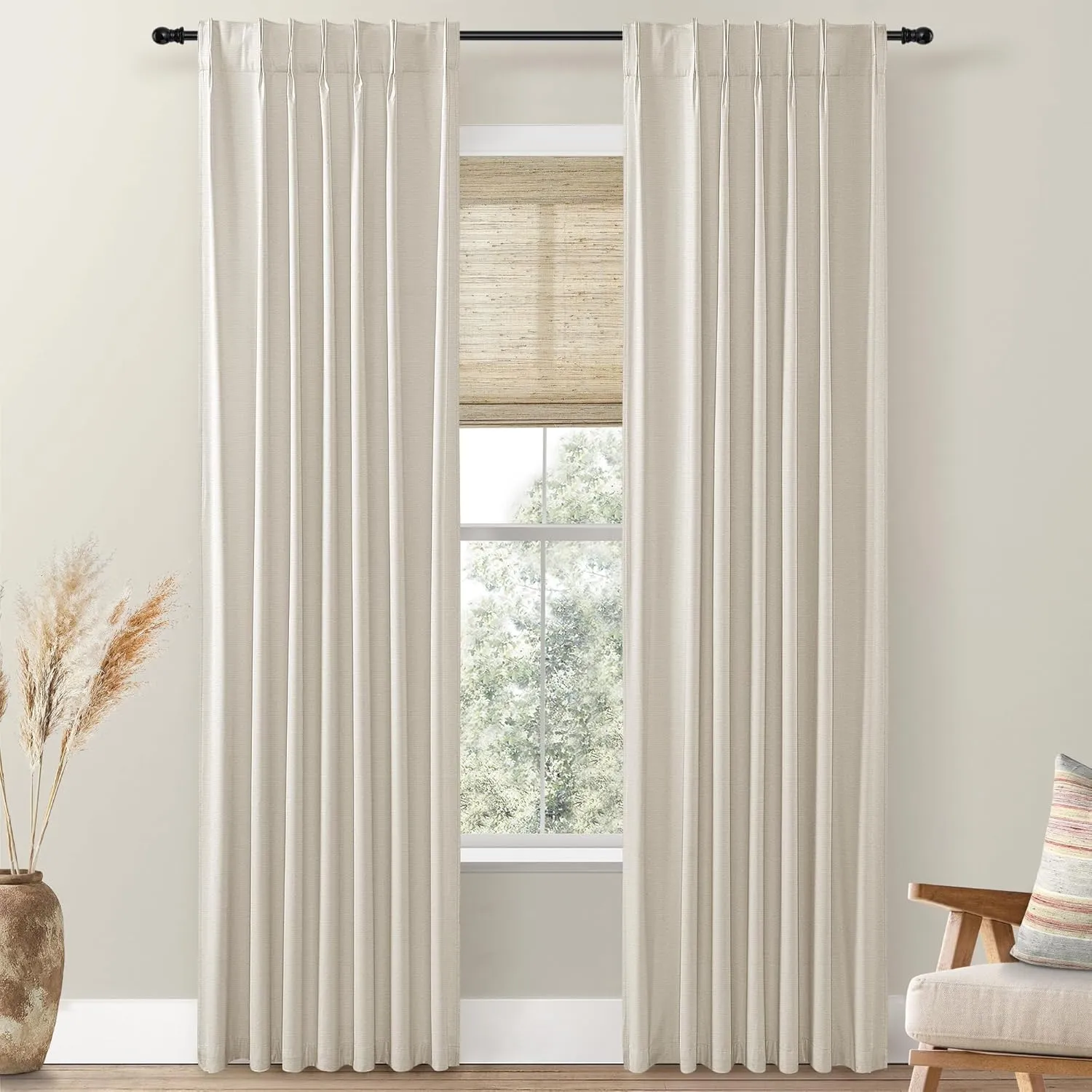 SHINELAND French Country Curtains for Living Room,Beige Blackout Pinch Pleated Linen Shabby Chic Curtains for Bedroom 96 Inches Long 2 Panels Set