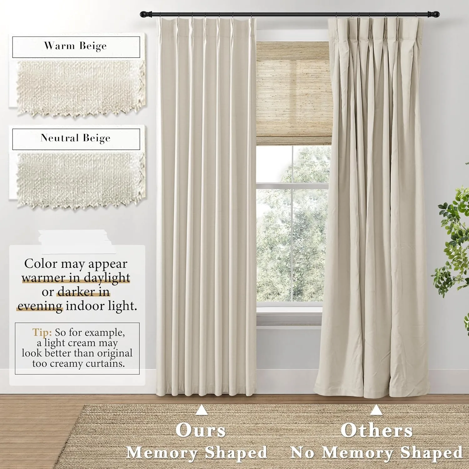 SHINELAND French Country Curtains for Living Room,Beige Blackout Pinch Pleated Linen Shabby Chic Curtains for Bedroom 96 Inches Long 2 Panels Set