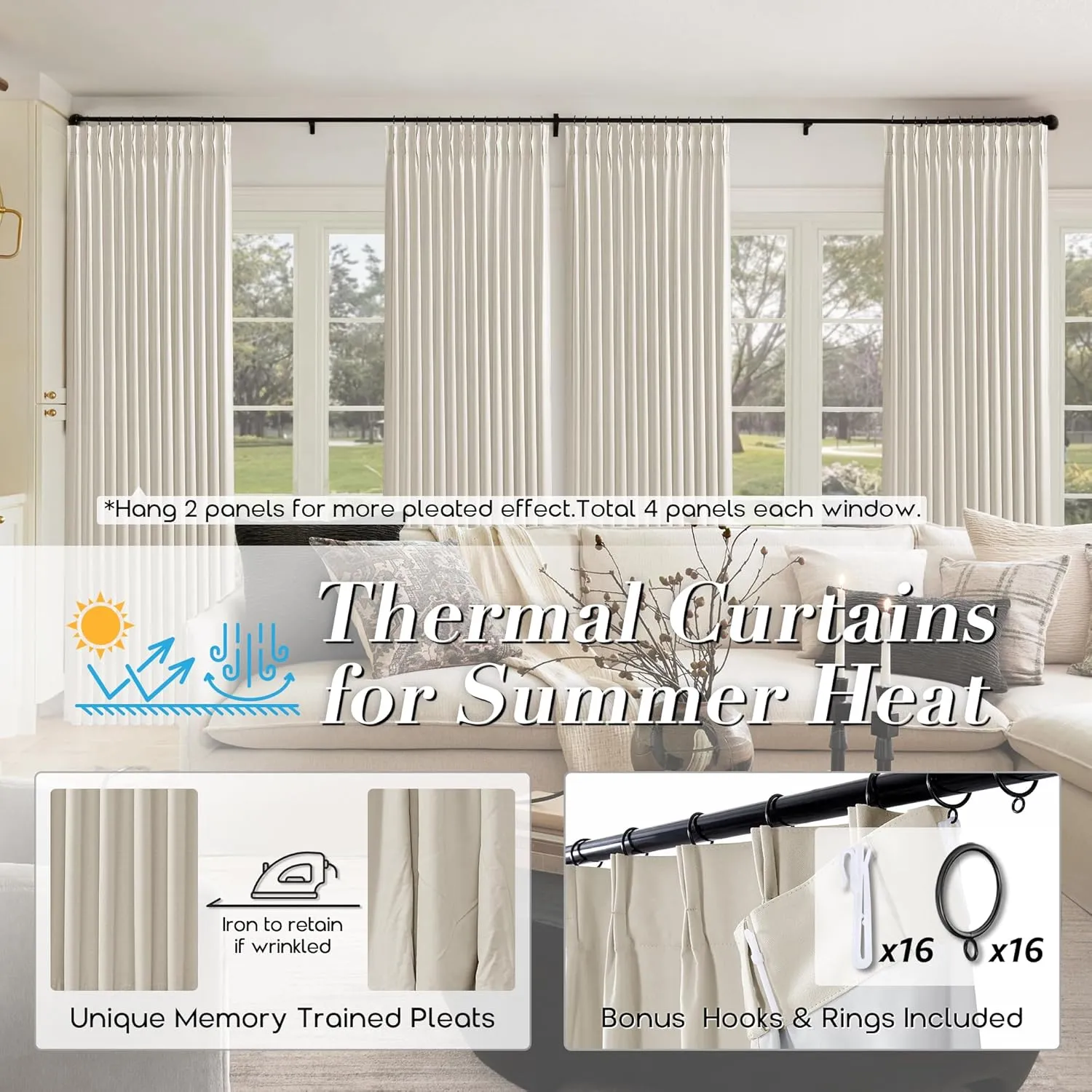 SHINELAND French Country Curtains for Living Room,Beige Blackout Pinch Pleated Linen Shabby Chic Curtains for Bedroom 96 Inches Long 2 Panels Set