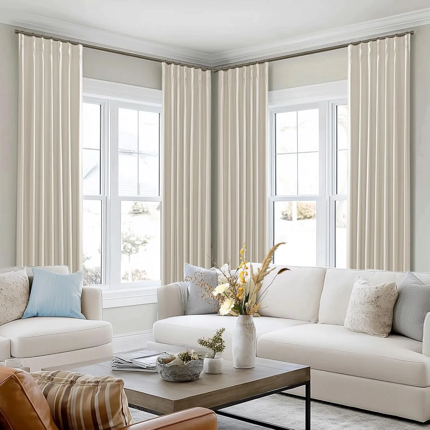SHINELAND French Country Curtains for Living Room,Beige Blackout Pinch Pleated Linen Shabby Chic Curtains for Bedroom 96 Inches Long 2 Panels Set