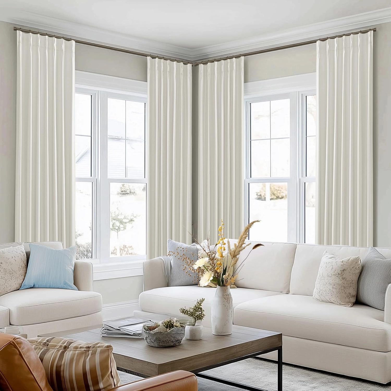 SHINELAND Black Out Curtains 96 Inches Long,Cream Linen Pinch Pleated Blackout Floor to Ceiling Curtains for Living Room 2 Panel Set,Cortinas para Cuarto Bloqueador De Luz