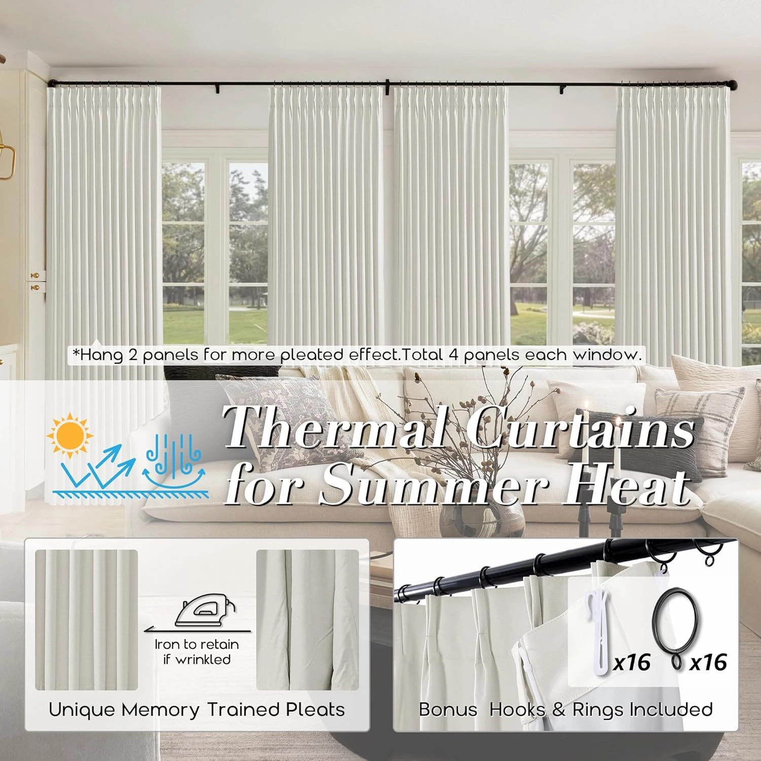 SHINELAND Black Out Curtains 96 Inches Long,Cream Linen Pinch Pleated Blackout Floor to Ceiling Curtains for Living Room 2 Panel Set,Cortinas para Cuarto Bloqueador De Luz