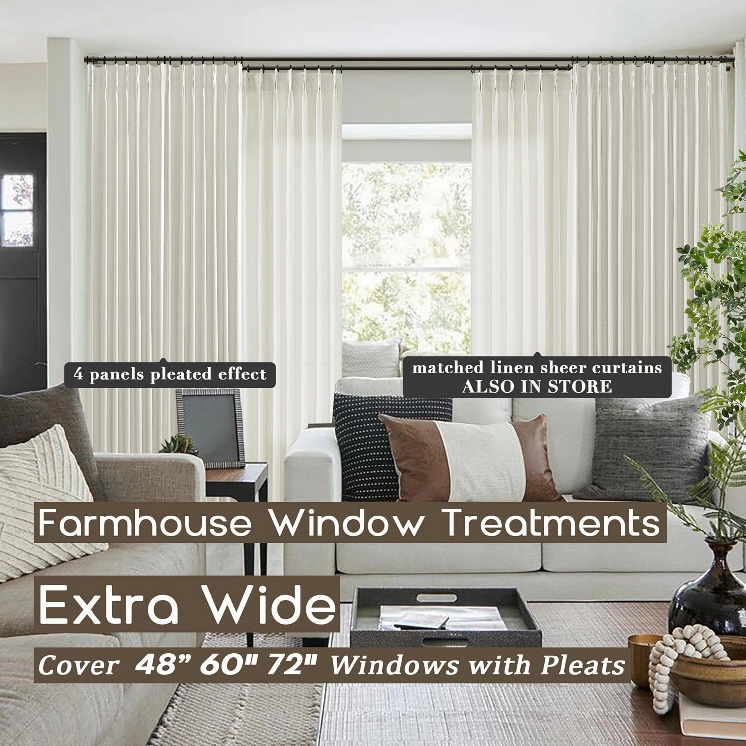 SHINELAND Black Out Curtains 96 Inches Long,Cream Linen Pinch Pleated Blackout Floor to Ceiling Curtains for Living Room 2 Panel Set,Cortinas para Cuarto Bloqueador De Luz
