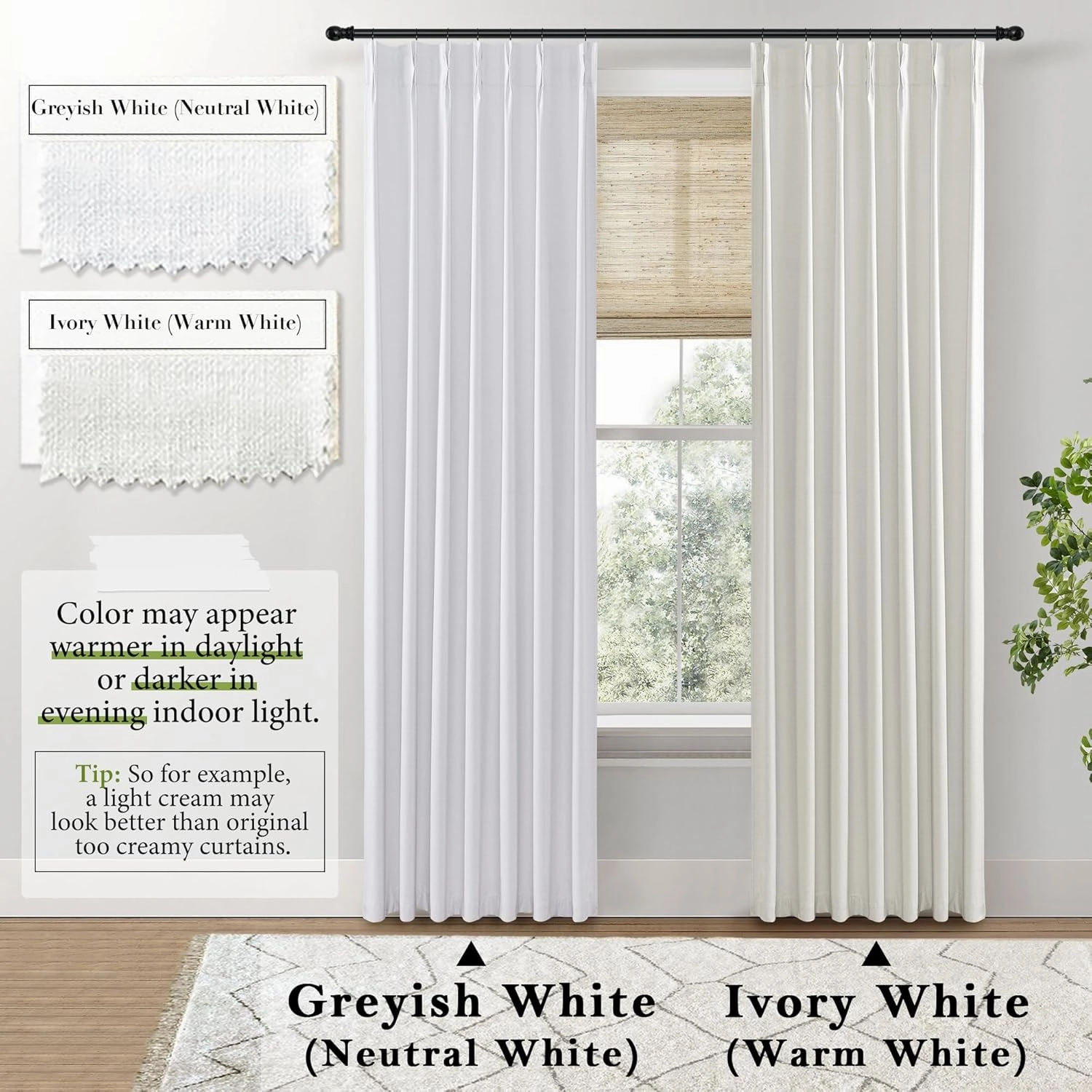 SHINELAND White Greyish Blackout Curtains 96 Inches Long,Pinch Pleated Linen Black Out Curtains for Bedroom 2 Panel Set