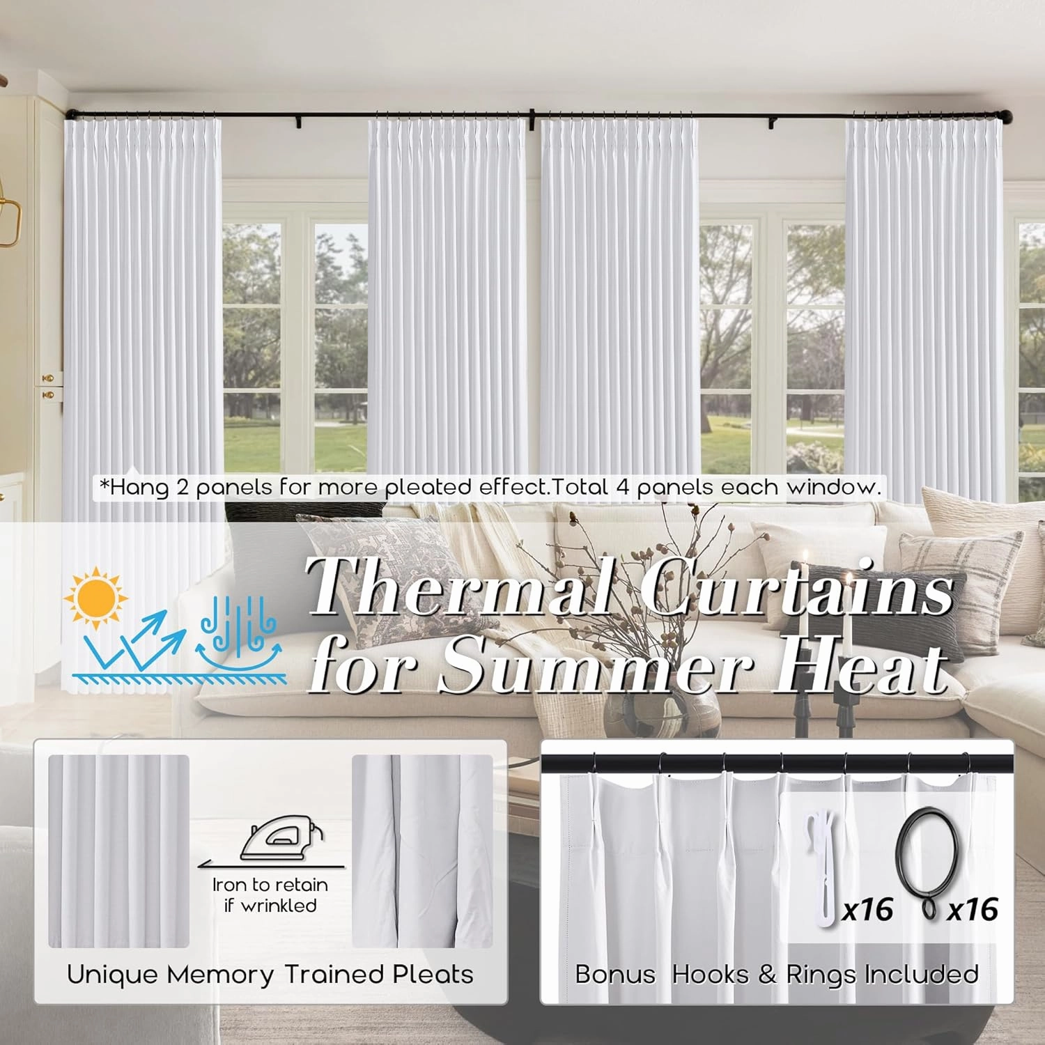 SHINELAND White Greyish Blackout Curtains 96 Inches Long,Pinch Pleated Linen Black Out Curtains for Bedroom 2 Panel Set