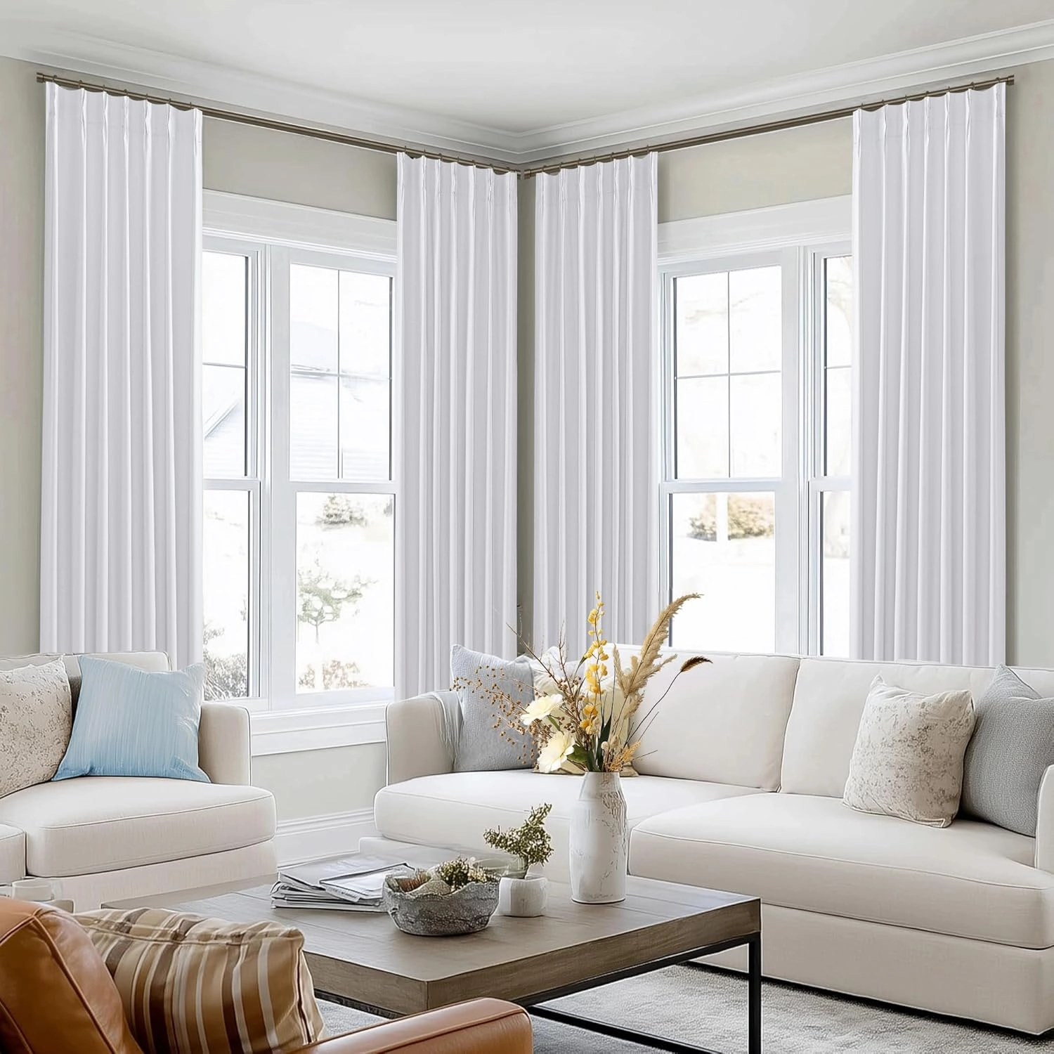 SHINELAND White Greyish Blackout Curtains 96 Inches Long,Pinch Pleated Linen Black Out Curtains for Bedroom 2 Panel Set