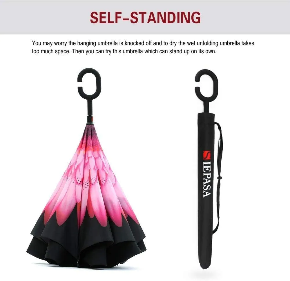 SIEPASA 49/56 Inch Inverted Reverse Upside Down Umbrella, Extra Large Double Canopy Vented Windproof Waterproof Stick Golf Umbrellas with C-shape Handle.