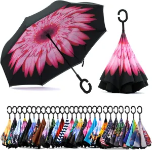 SIEPASA 49/56 Inch Inverted Reverse Upside Down Umbrella, Extra Large Double Canopy Vented Windproof Waterproof Stick Golf Umbrellas with C-shape Handle.
