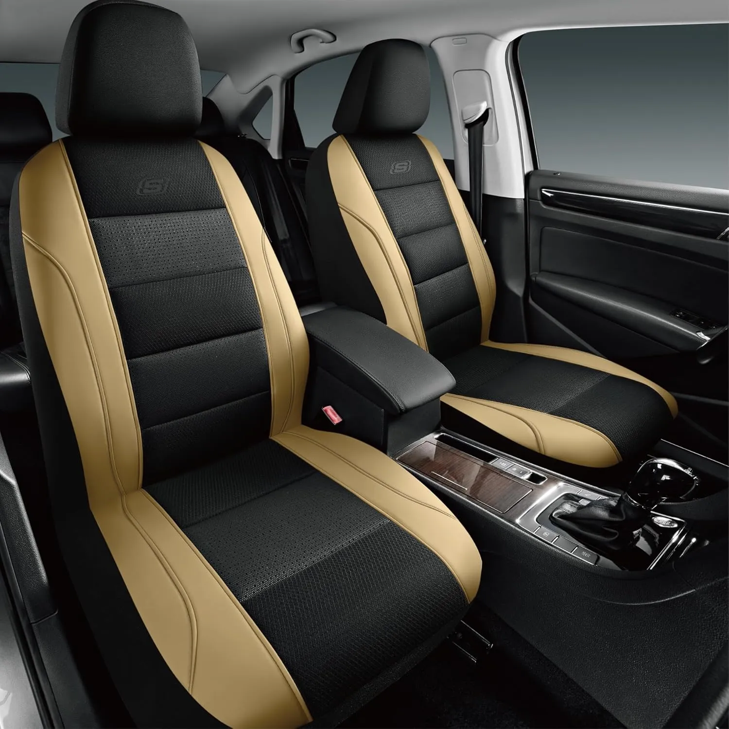 Skechers Aircooled & Memory Foam Car Seat Covers,Premium Leather with EVA Mesh Seat Covers, Front car seat Protector, Airbag Compatible, Automotive Comfort for Most Cars, Vans, Trucks, SUV,Biege