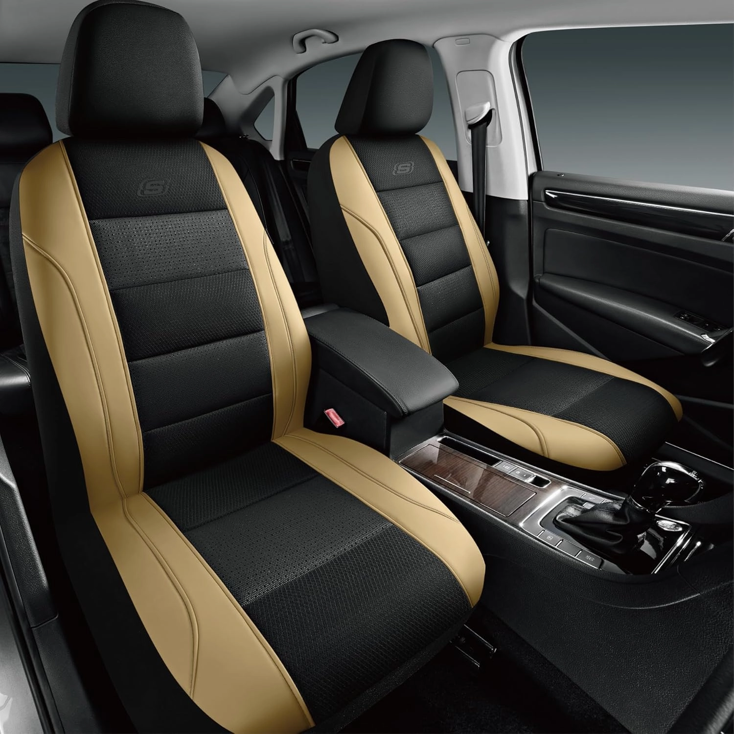 Skechers Aircooled & Memory Foam Car Seat Covers,Premium Leather with EVA Mesh Seat Covers, Front car seat Protector, Airbag Compatible, Automotive Comfort for Most Cars, Vans, Trucks, SUV,Biege