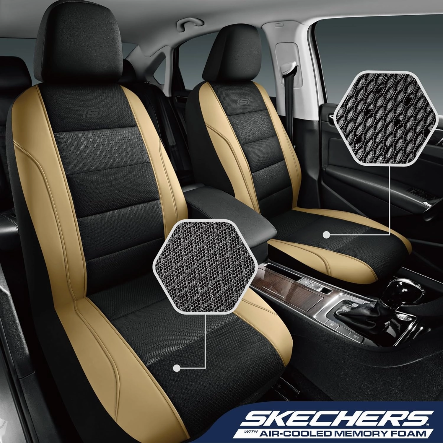 Skechers Aircooled & Memory Foam Car Seat Covers,Premium Leather with EVA Mesh Seat Covers, Front car seat Protector, Airbag Compatible, Automotive Comfort for Most Cars, Vans, Trucks, SUV,Biege