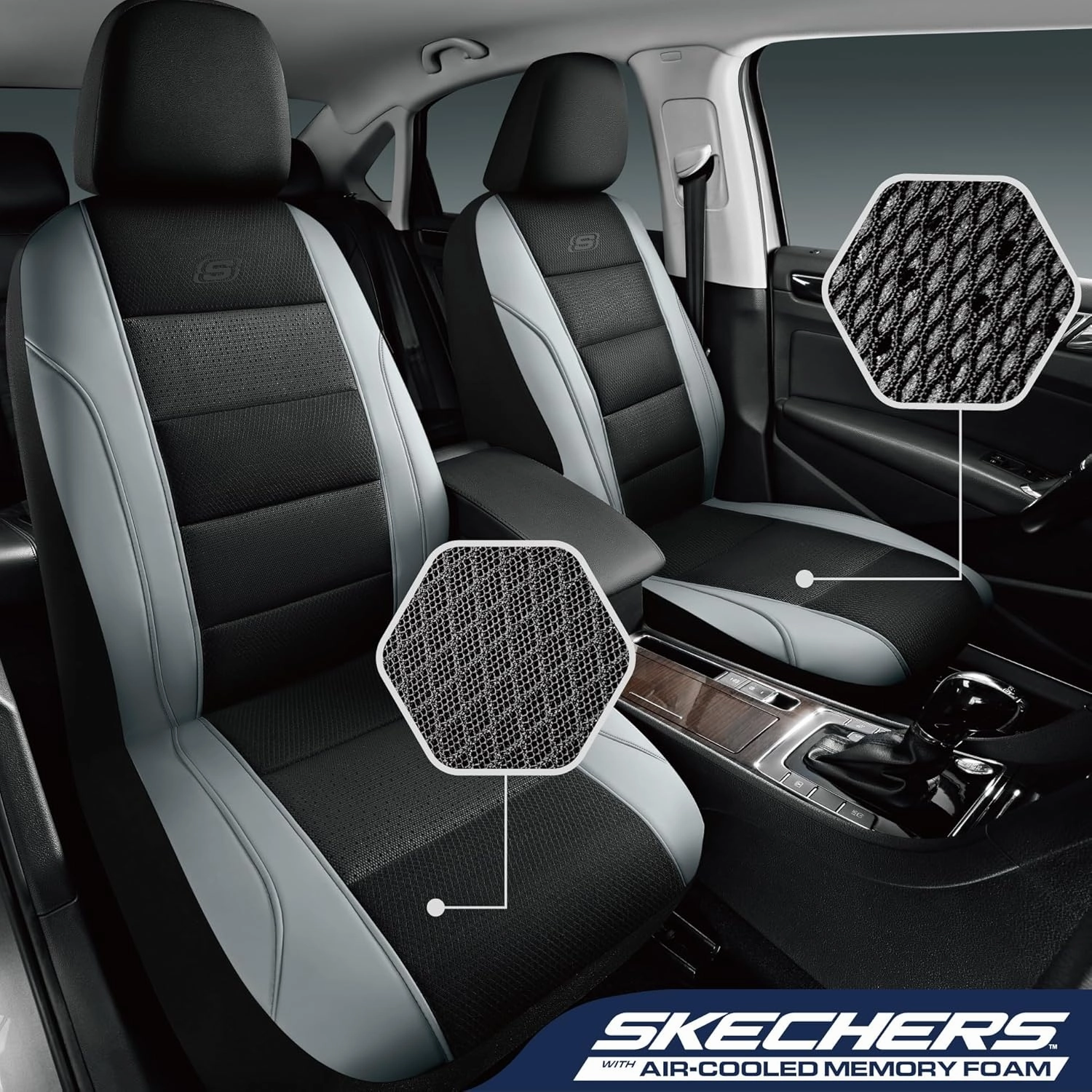 Skechers Aircooled & Memory Foam Car Seat Covers,Premium Leather with EVA Mesh Seat Covers, Front car seat Protector, Airbag Compatible, Automotive Comfort for Most Cars, Vans, Trucks, SUV,Gray