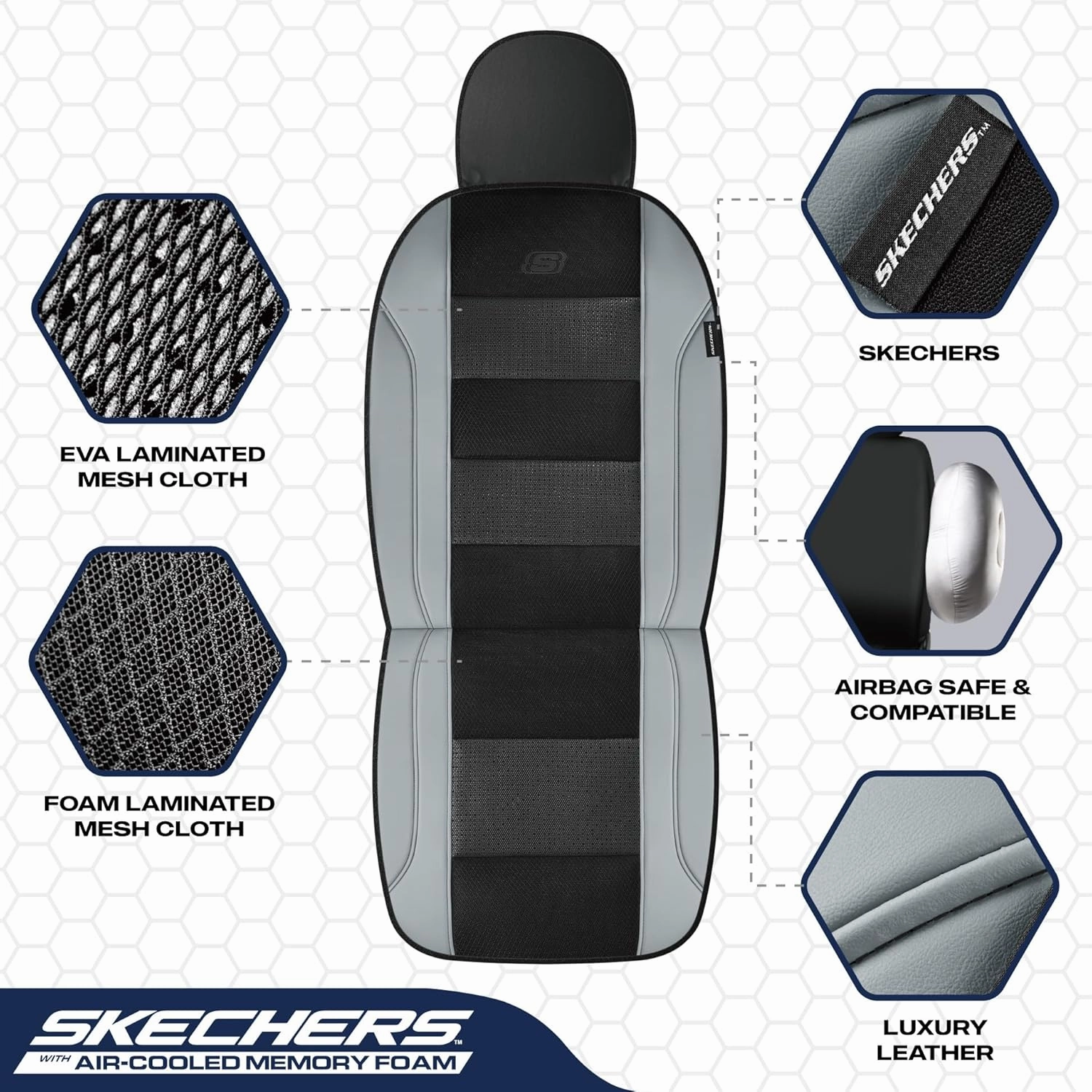Skechers Aircooled & Memory Foam Car Seat Covers,Premium Leather with EVA Mesh Seat Covers, Front car seat Protector, Airbag Compatible, Automotive Comfort for Most Cars, Vans, Trucks, SUV,Gray