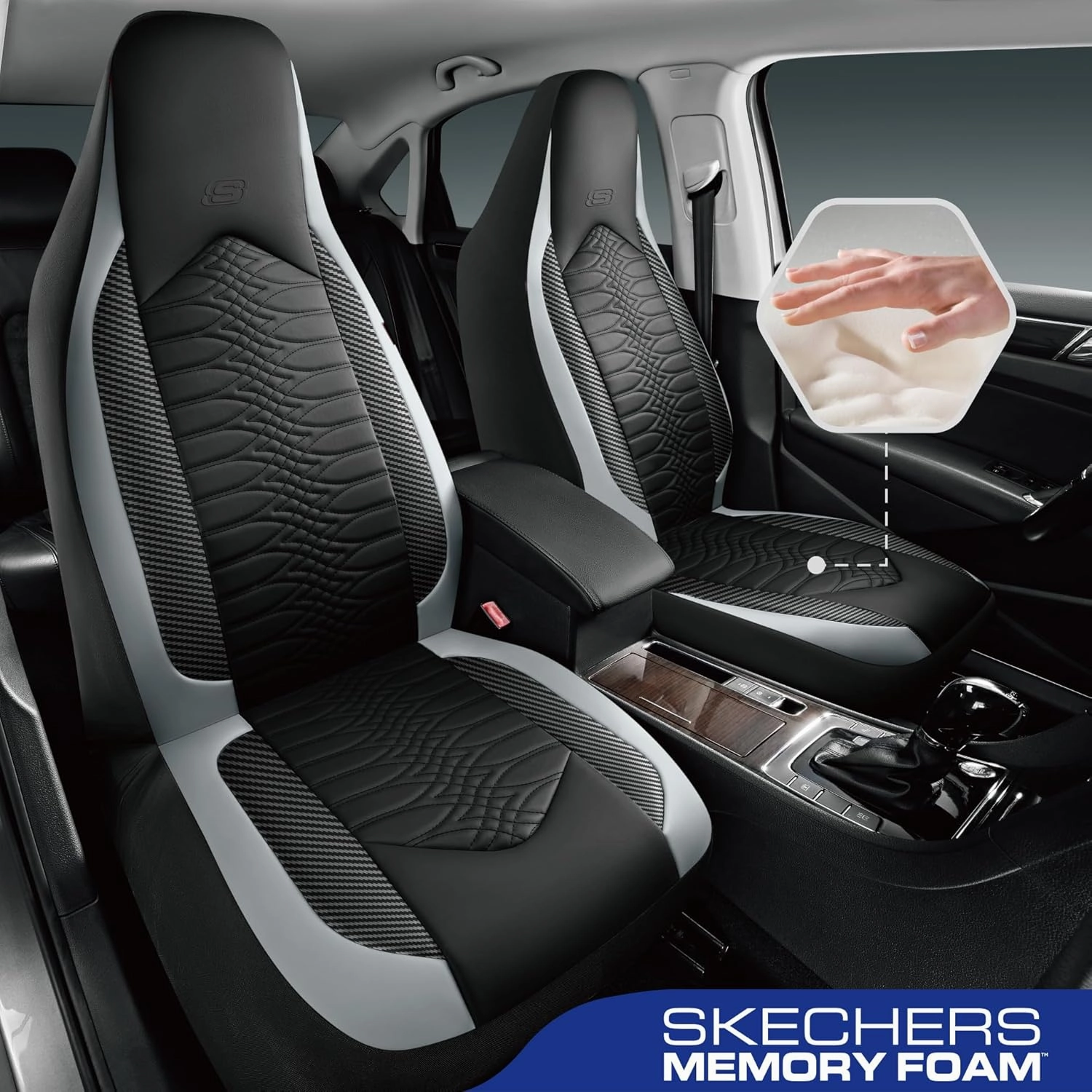 Skechers Memory Foam Car Seat Covers, Leather High Back Seat Covers Quilting Design,Waterproof Sports Car Seat Covers Full Sets,Airbag Compatible, Universal Fit for Most Cars, SUVs,Trucks,Gray